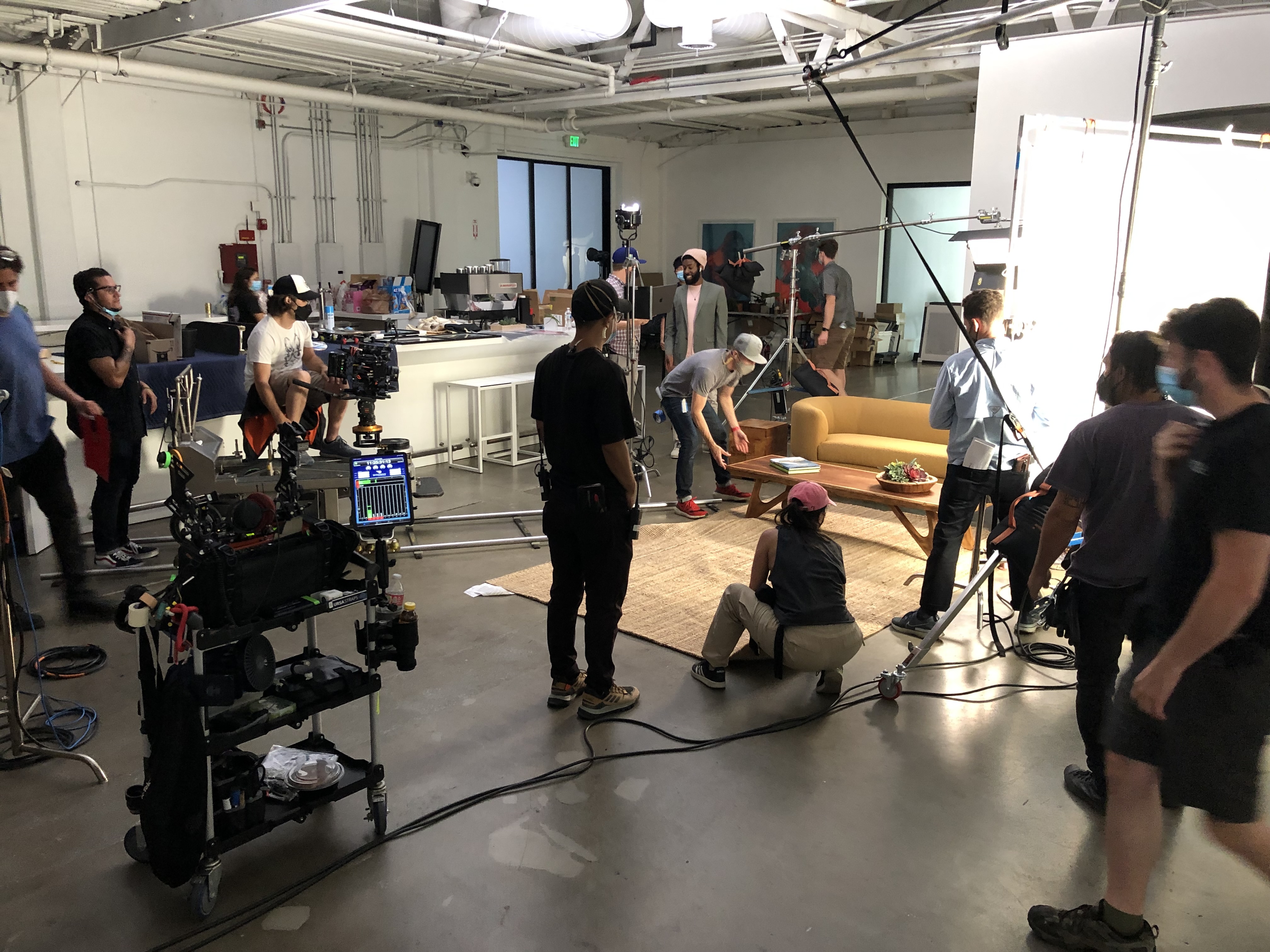 Production crew preparing a studio scene