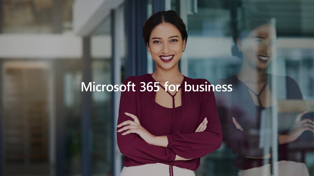 Microsoft 365 for business title over an office scene with a woman in the foreground
