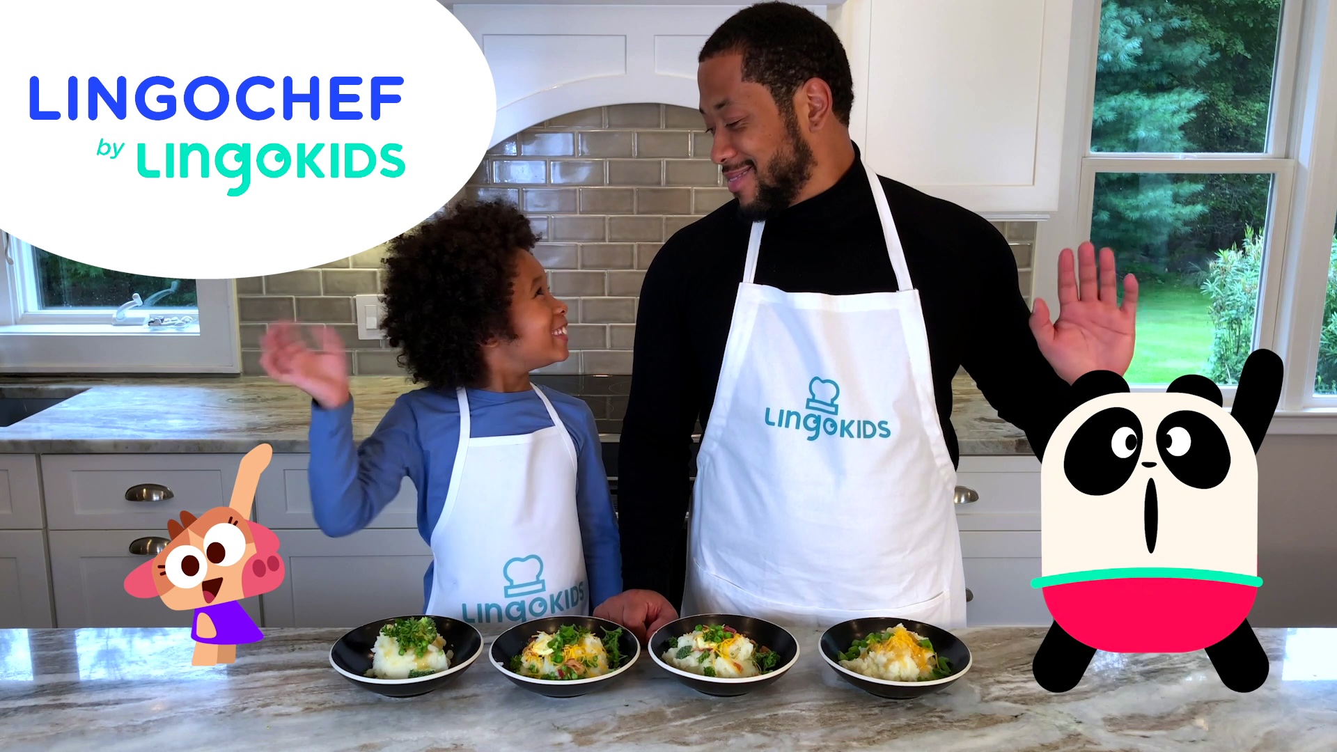 Lingokids LingoChef live-action cooking video with child performer and animated characters