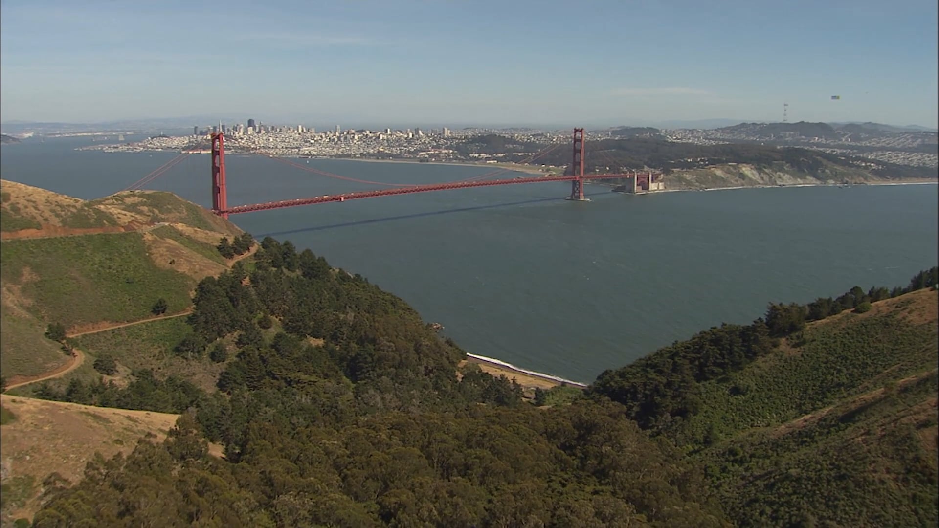 Aerial drone footage of the Golden Gate Bridge and San Francisco Bay