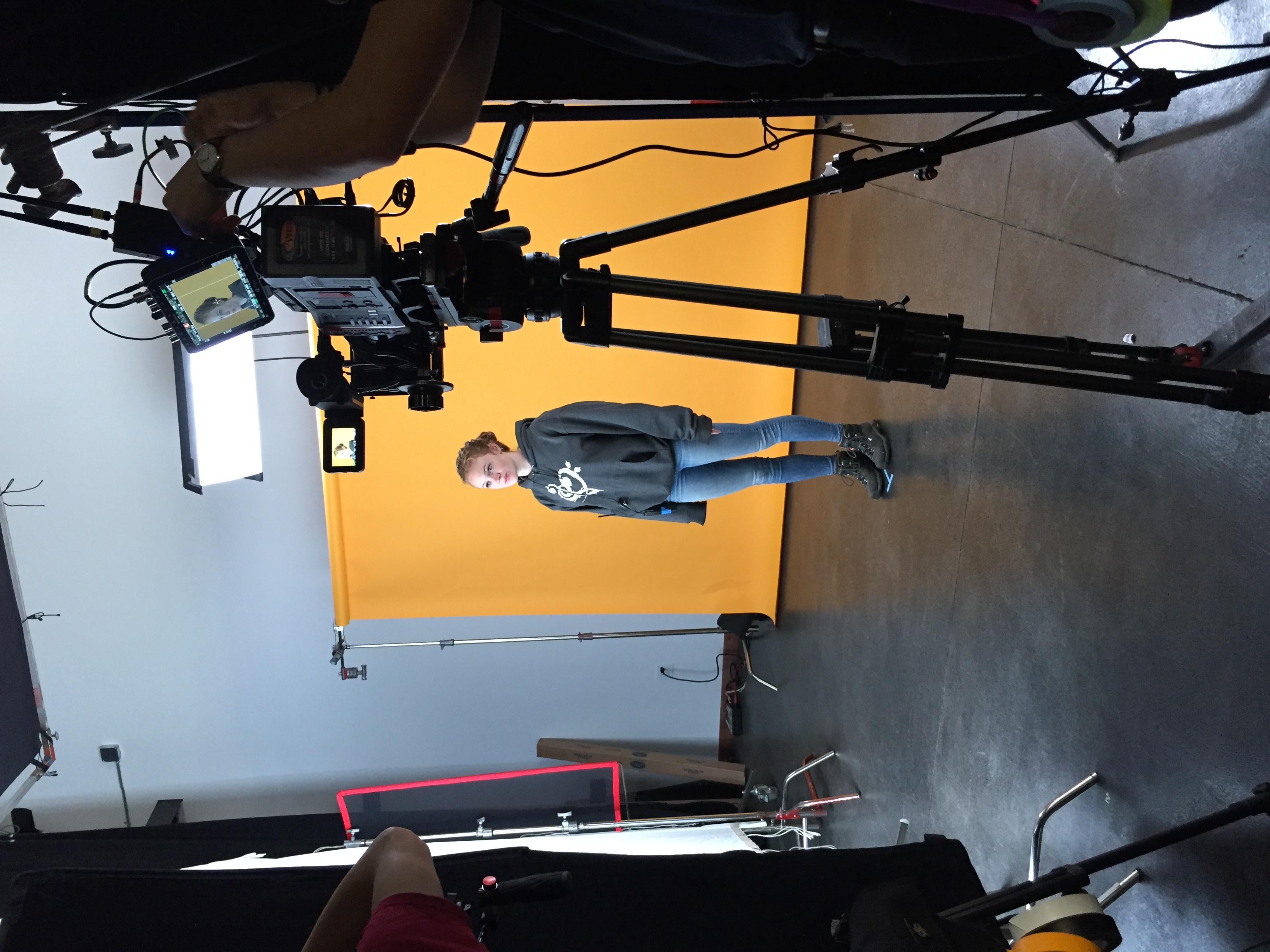 Three-point lighting setup for a video production interview