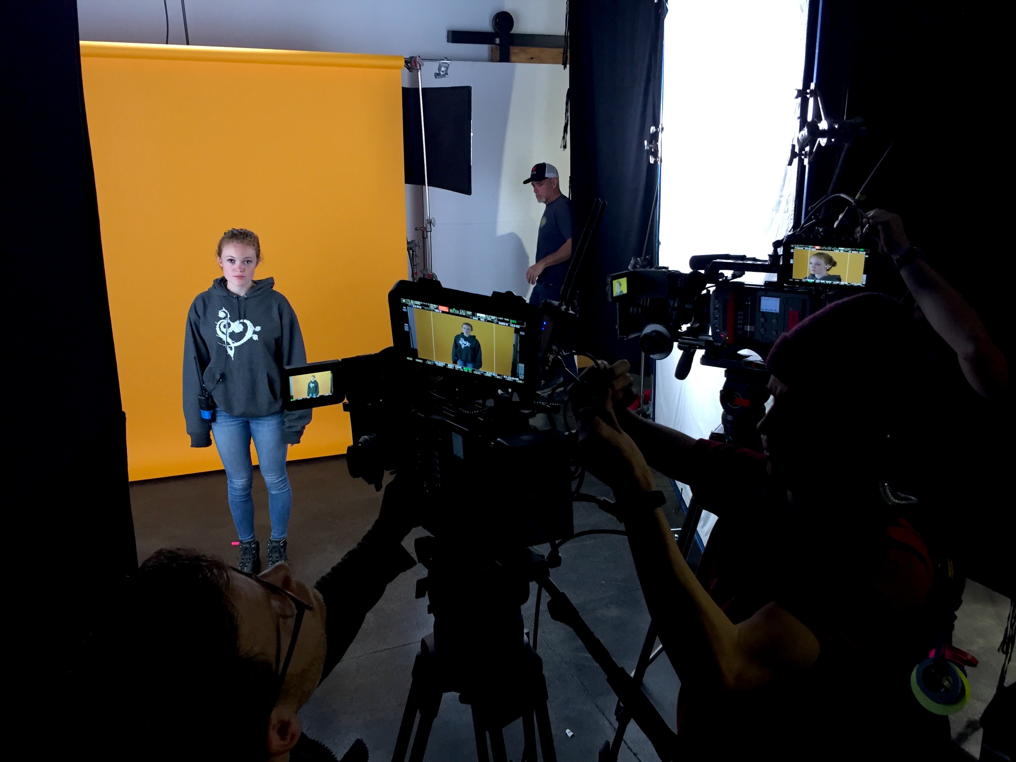 Three-point lighting setup on a professional video production set