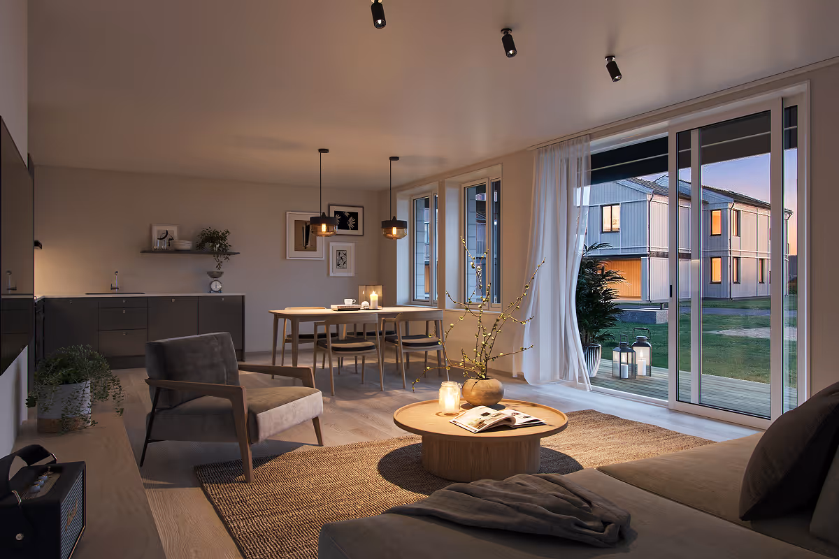 Cozy modern living room with armchair, sofa, wooden coffee table, dining area, and large sliding glass doors.