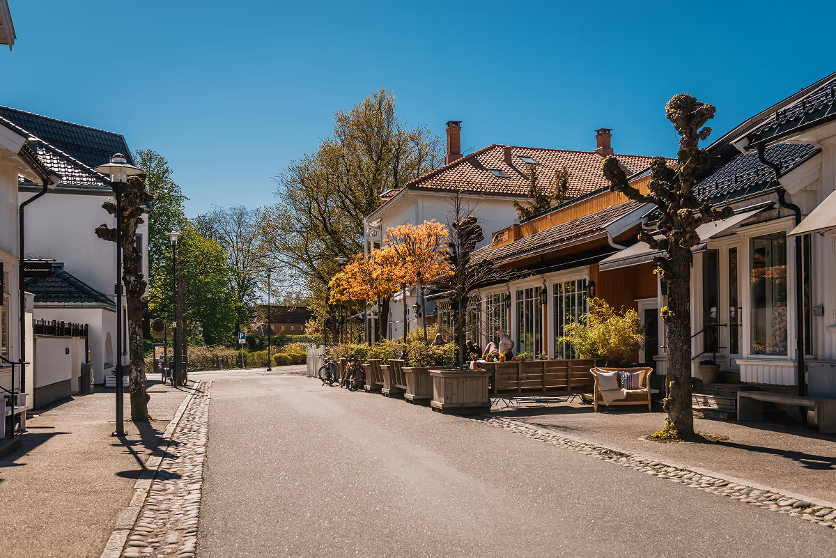 Sunny street with white homes, trimmed trees, and outdoor seating under clear blue sky.