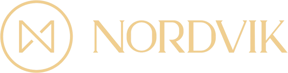 Nordvik brand logo with stylized N inside a circle and gold text on black background.