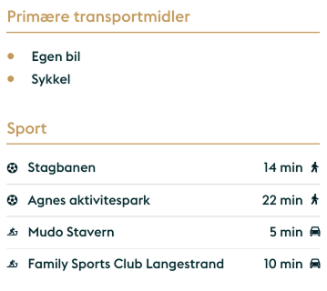 List of primary transport modes: own car and bicycle; sports locations with travel times by foot or car.