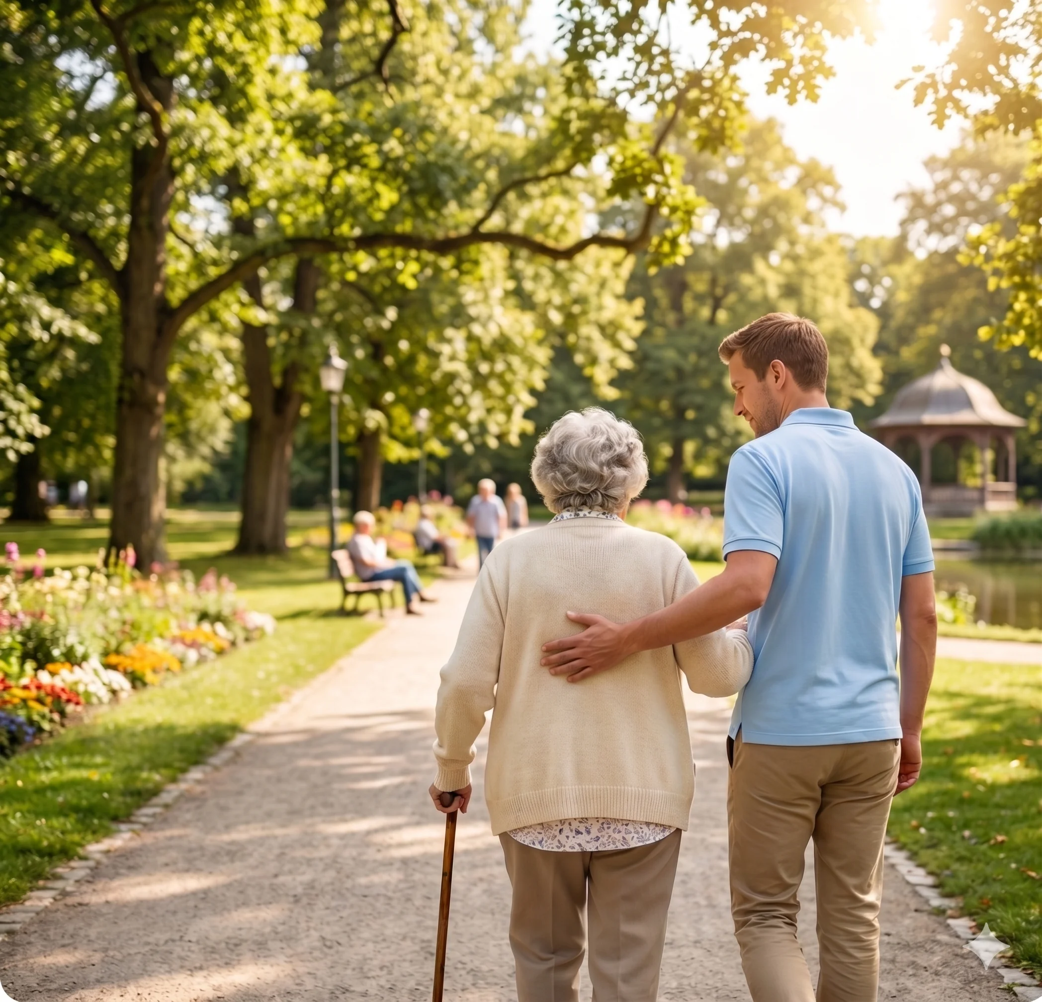 Pfleger der eine Pflegegrad 1 Patienten durch den Park führt