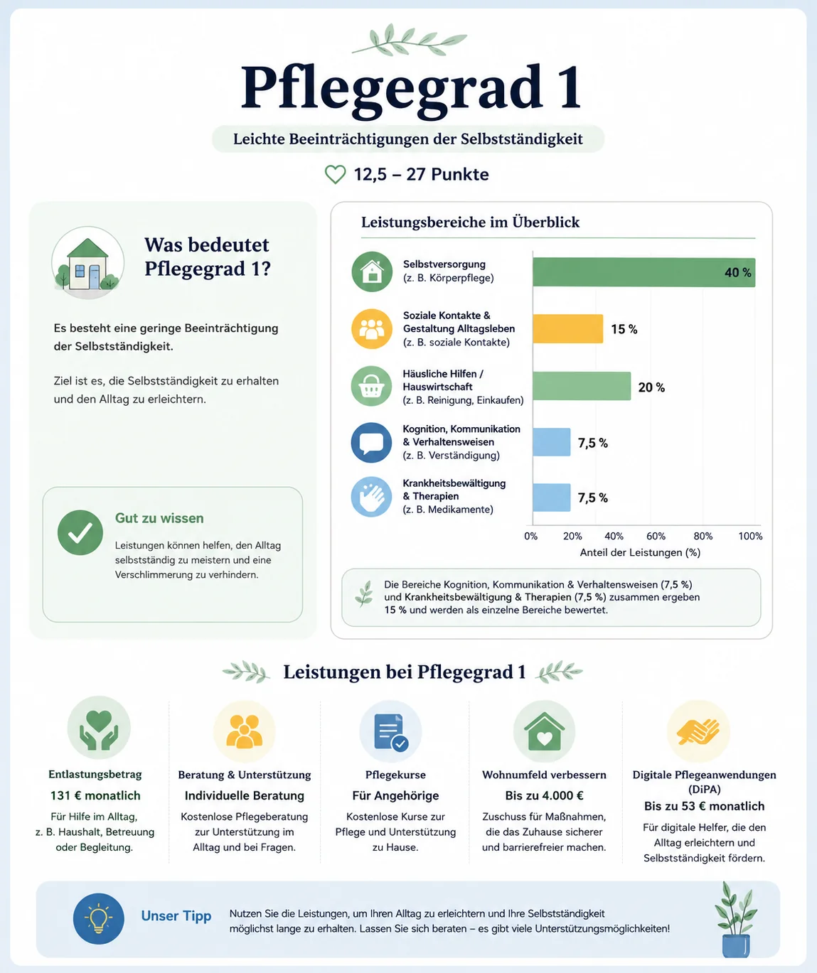 Pflegegrad 1 übersicht als Grafik, informationen zu Leistungen, konkreten Leistungszahlen und tipps