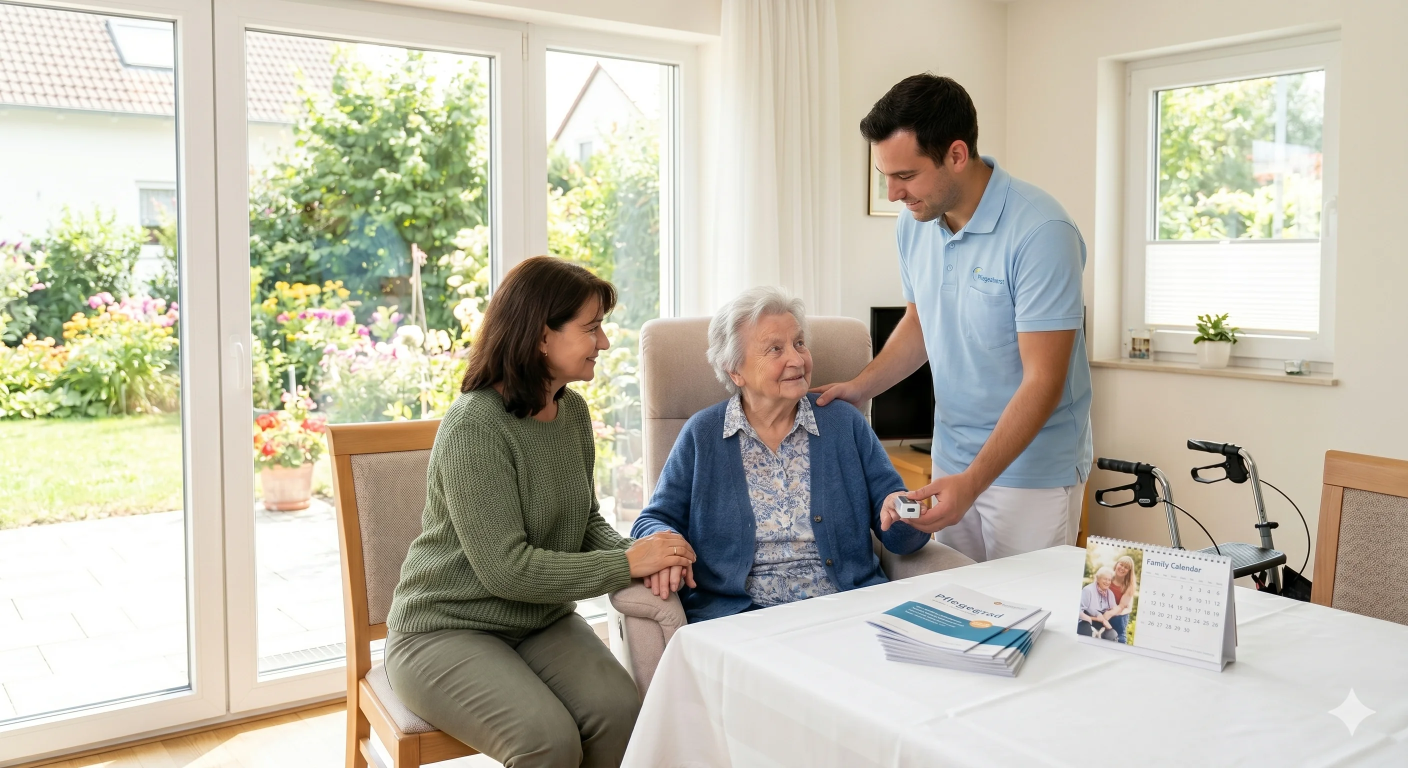 Eine freundliche Seniorin sitzt im hellen Wohnzimmer im Sessel und wird von einer Angehörigen sowie einem Pfleger mit Rollator im Hintergrund betreut.