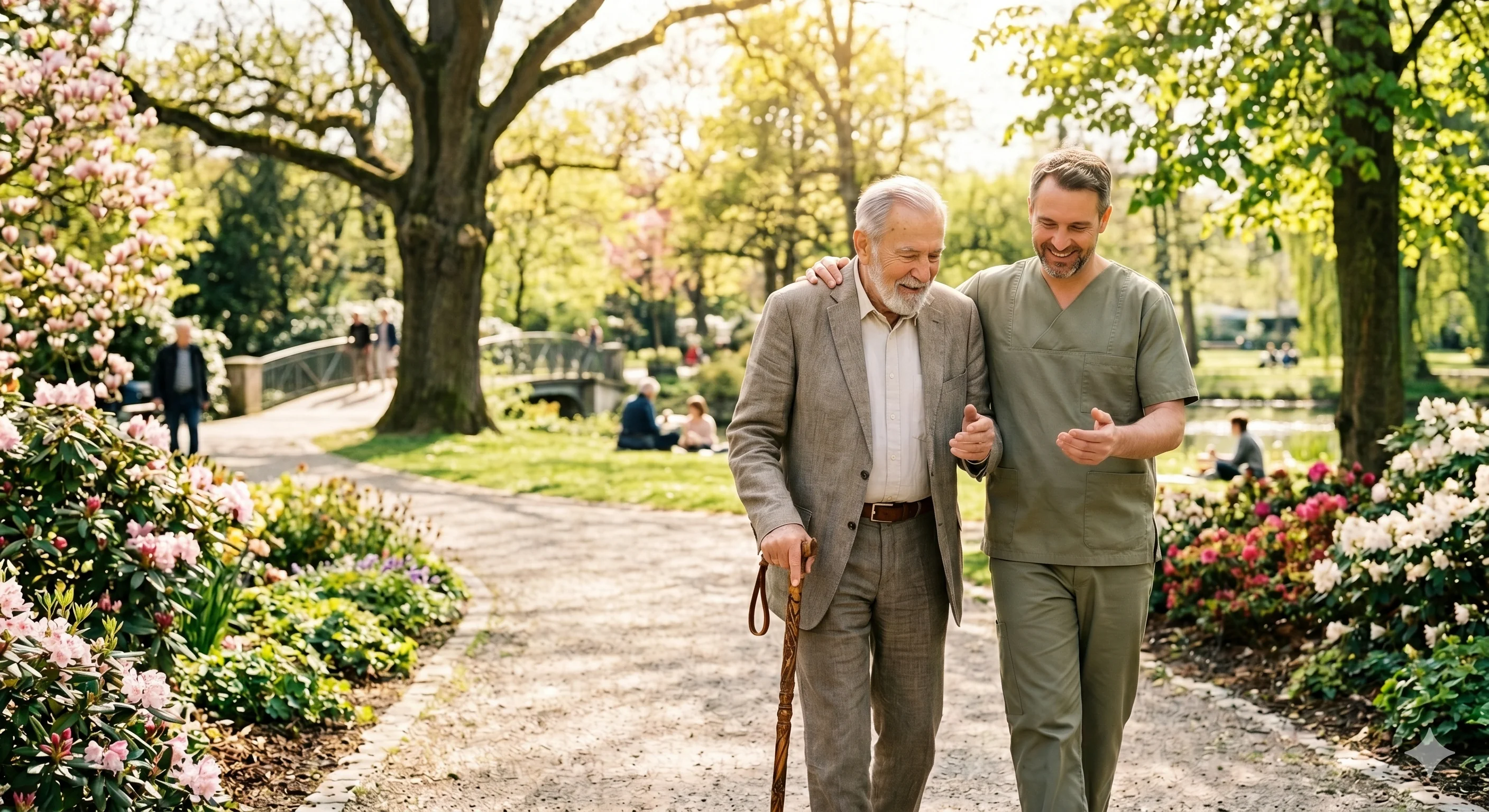 Alltagsbegleiter beim Spaziergang mit Senior im Park – Alltagsbegleitung durch Pflegequelle München