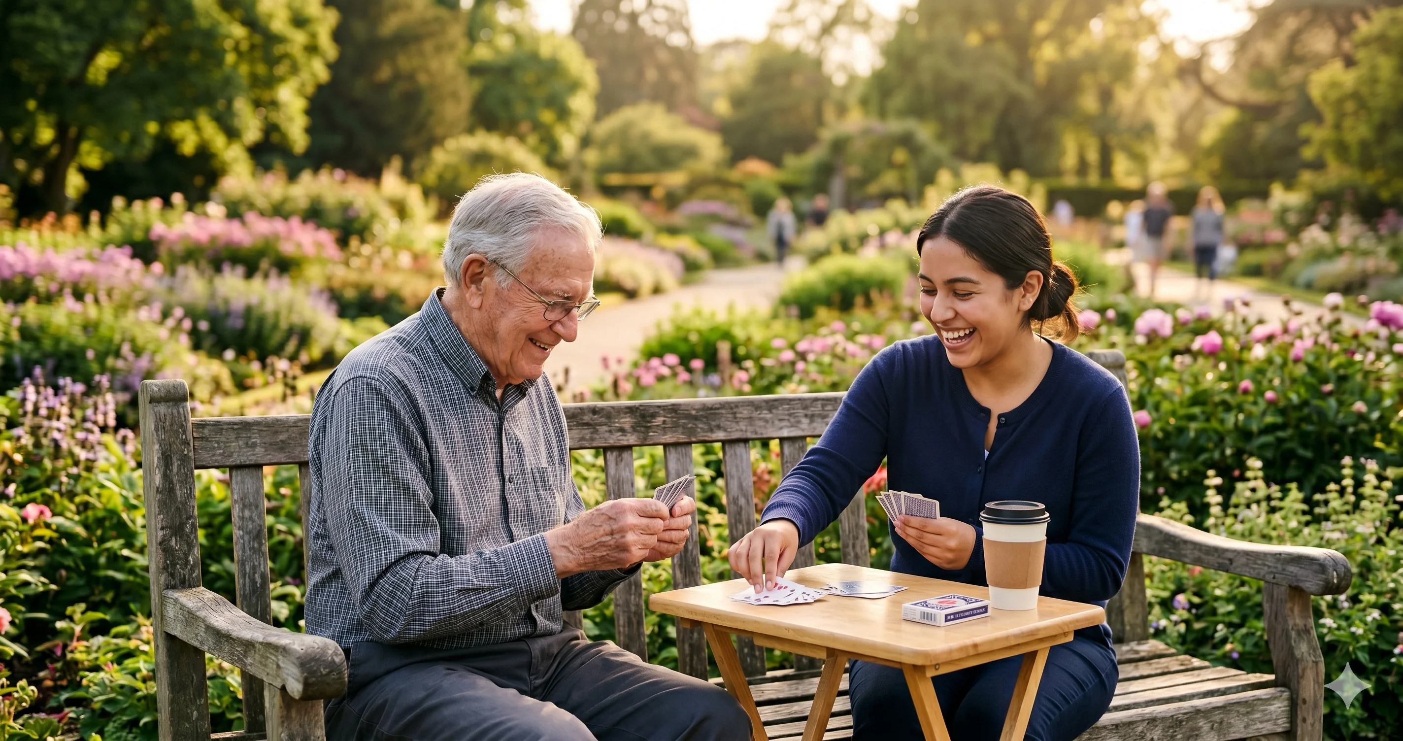 Senior und Alltagsbegleiterin spielen lachend Karten auf einer Parkbank – Gesellschaft leisten mit Pflegequelle