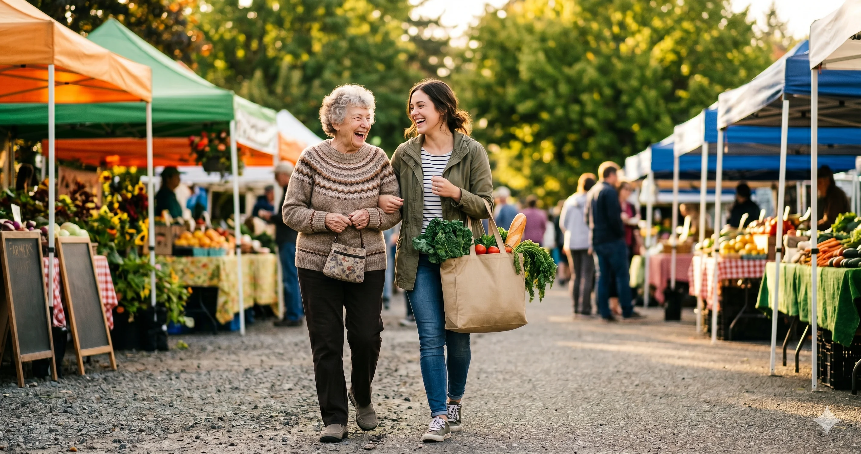 Seniorin und Alltagsbegleiterin lachen gemeinsam beim Einkauf auf dem Wochenmarkt – Einkaufshilfe von Pflegequelle