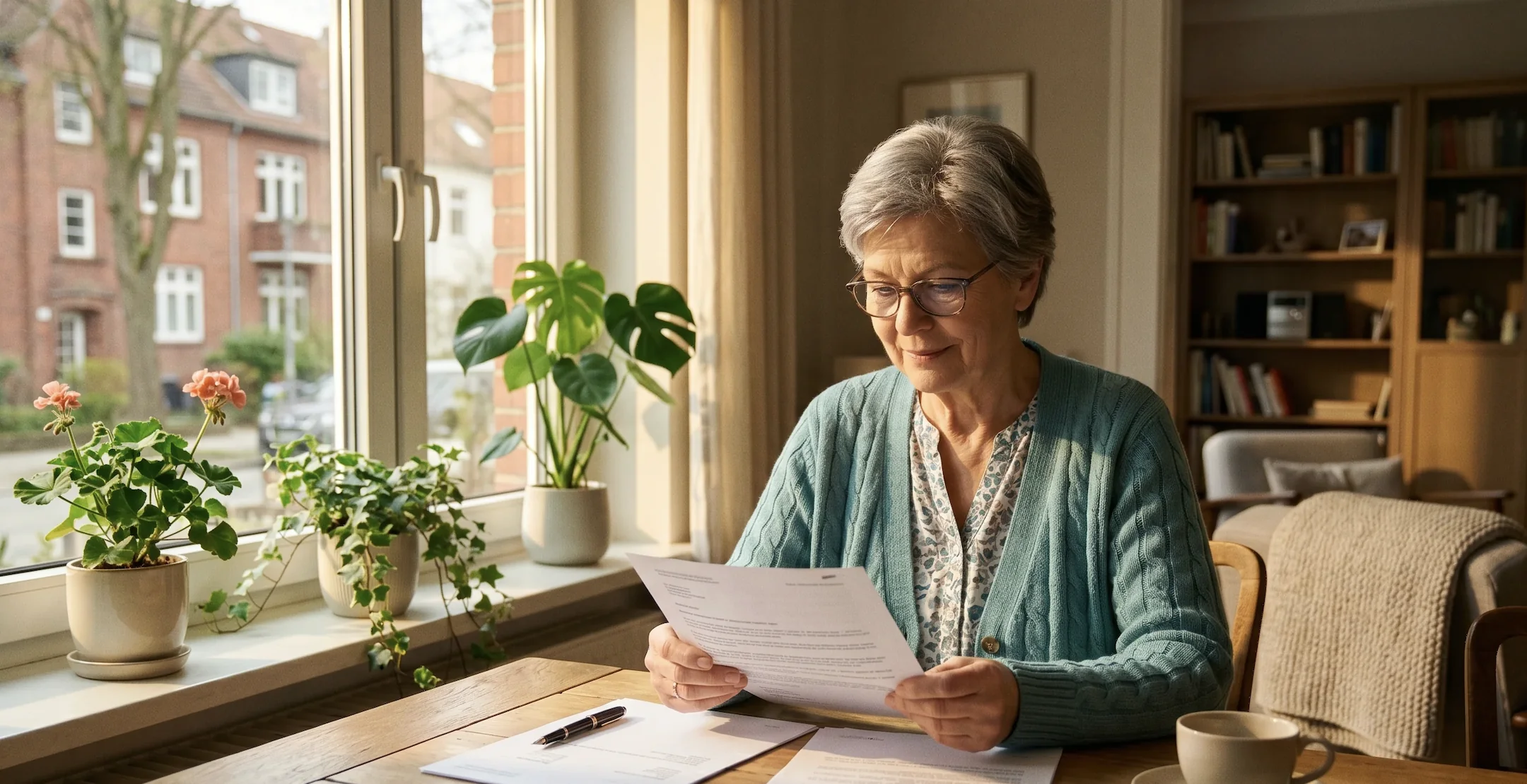 Seniorin liest Dokument zur Inkontinenzversorgung auf Rezept am Fenster