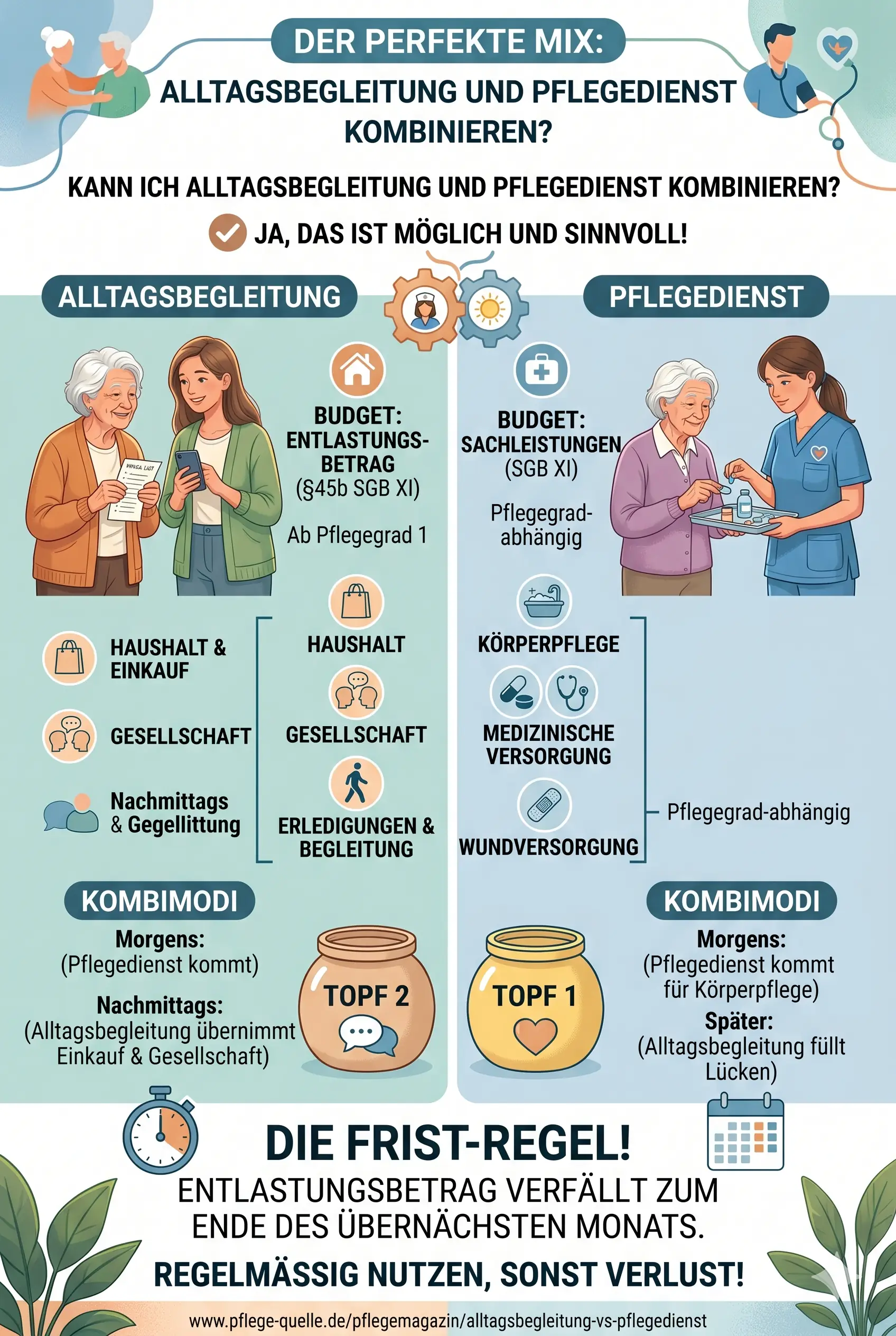 Infografik zur Kombination von Alltagsbegleitung und Pflegedienst. Darstellung der Budget-Töpfe: Entlastungsbetrag nach Paragraph 45b SGB XI für die Alltagsbegleitung und Sachleistungen für den ambulanten Pflegedienst. Unten steht ein wichtiger Hinweis zur