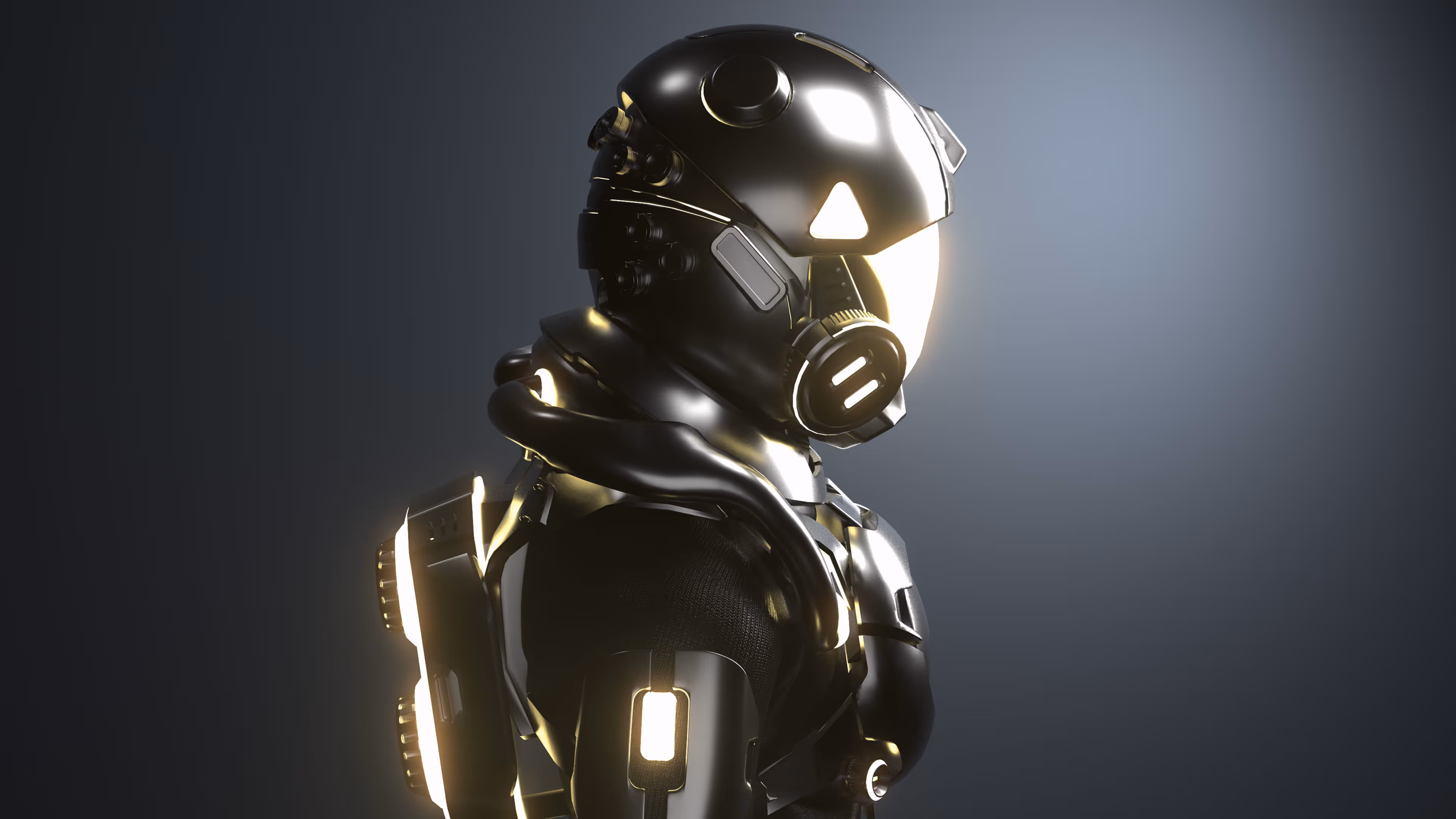 Side view of a futuristic black armored helmeted astronaut with glowing light accents on dark background.