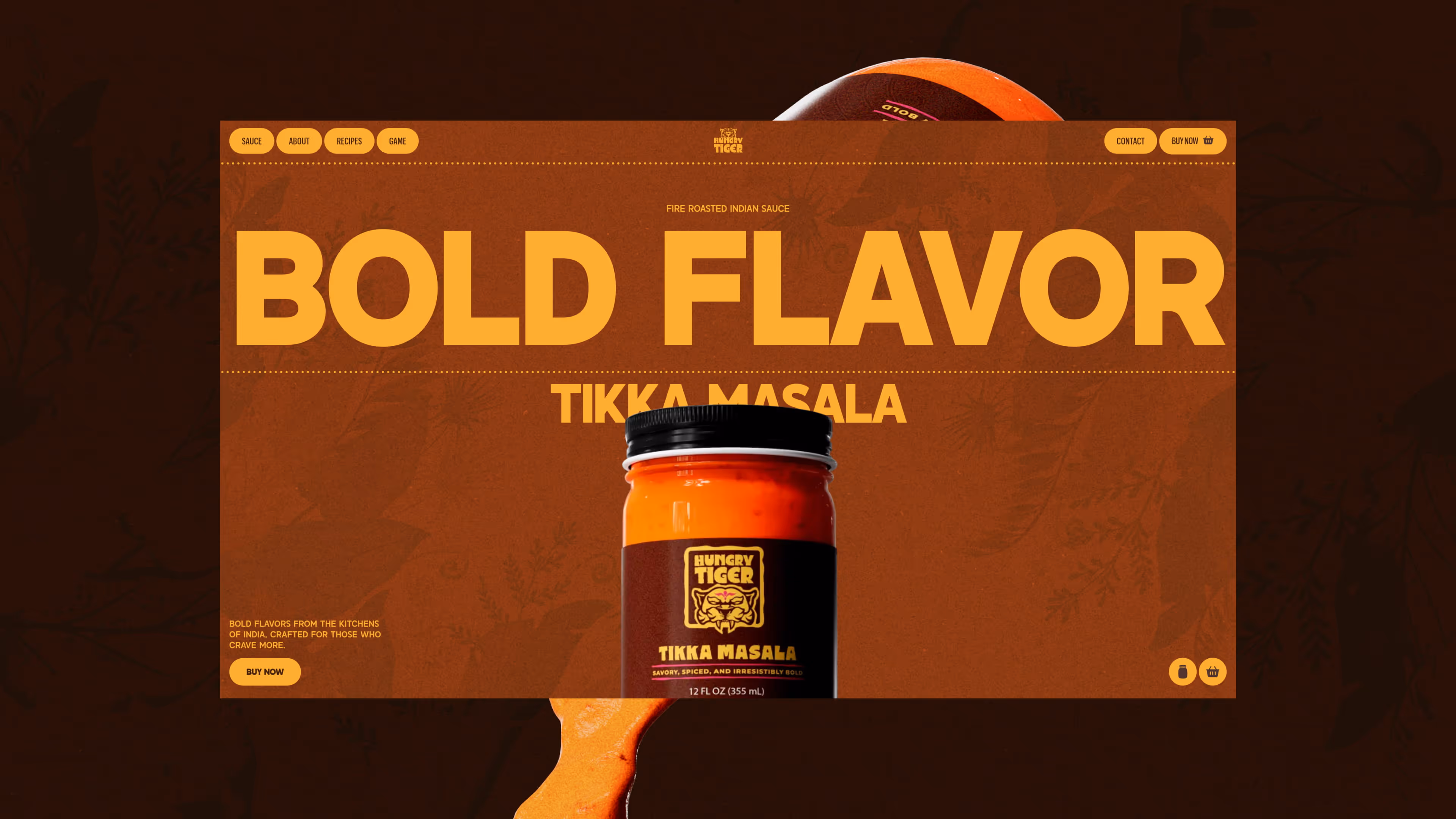 Jar of Hungry Tiger Tikka Masala sauce with bold flavor text on brown textured background.