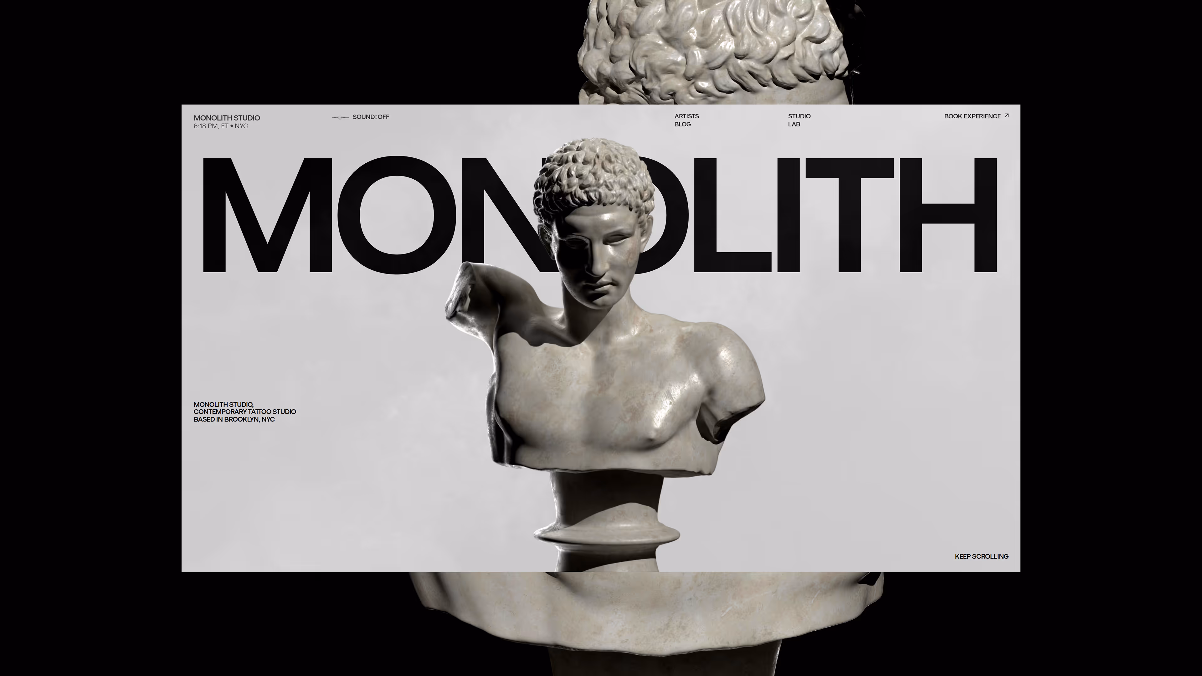 Website header featuring a classical bust sculpture and large text reading MONOLITH with studio info.