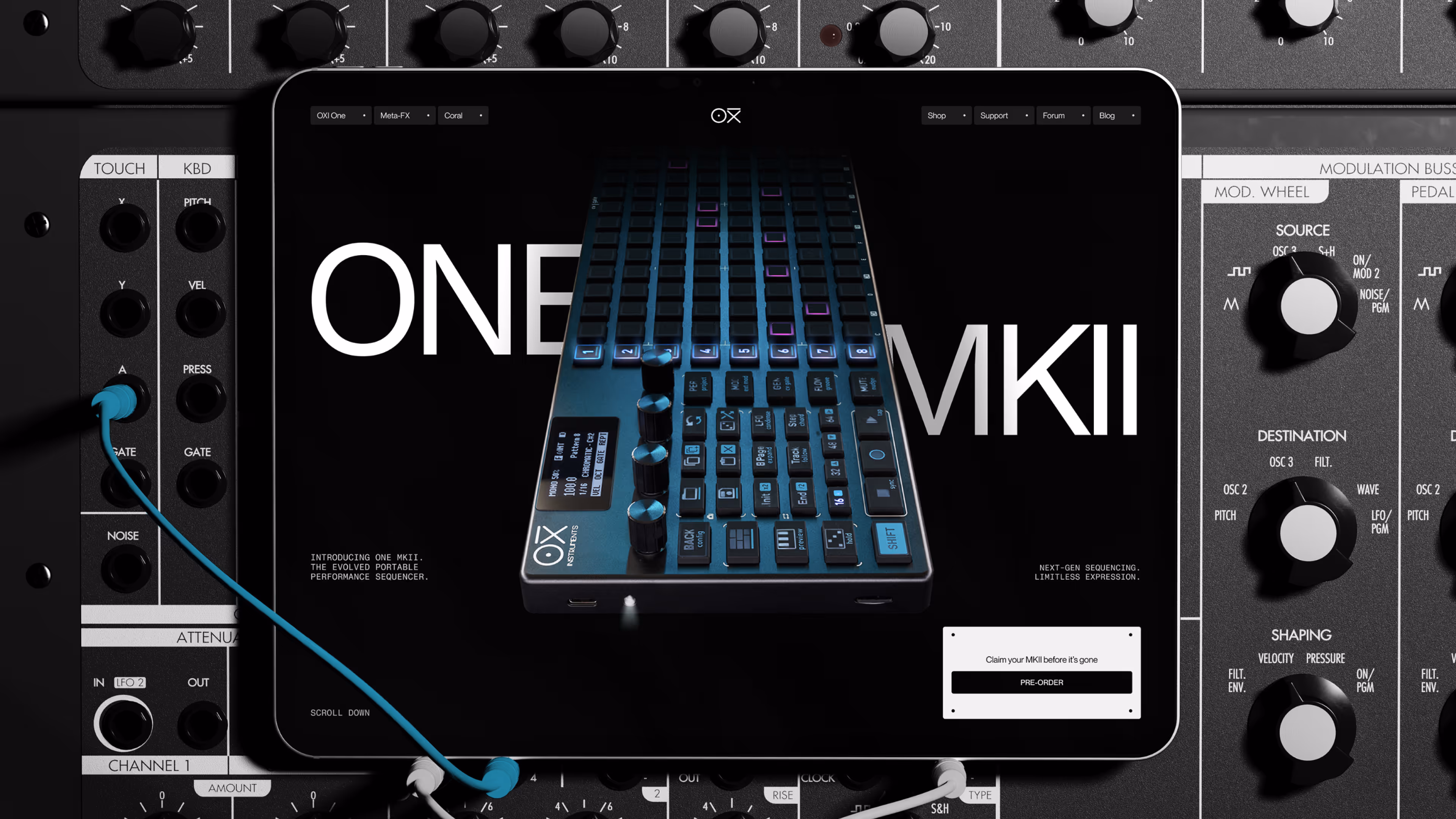 Tablet displaying a digital sequencer with knobs and buttons, surrounded by audio equipment controls.