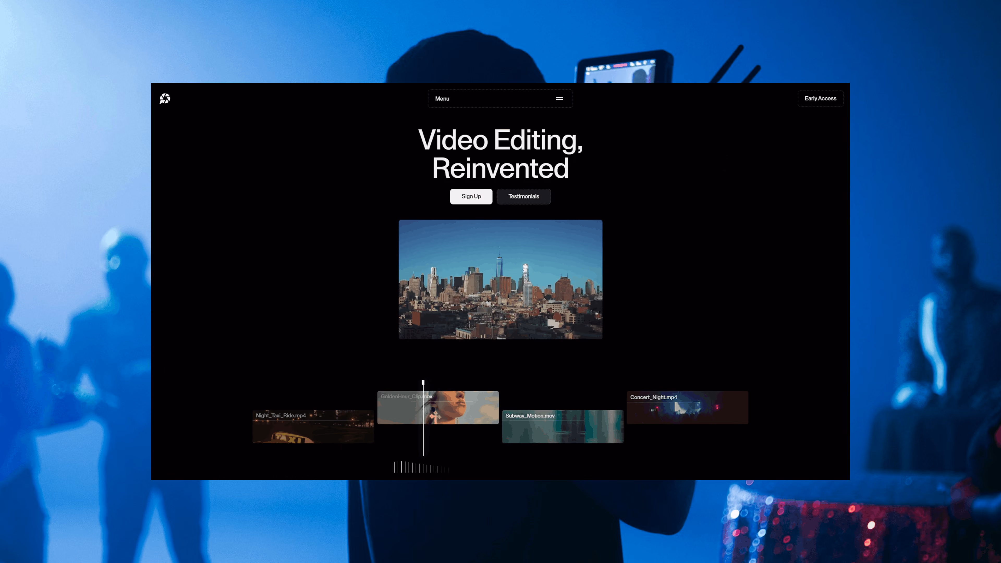 Website homepage featuring video editing software interface with cityscape and video clips timeline.