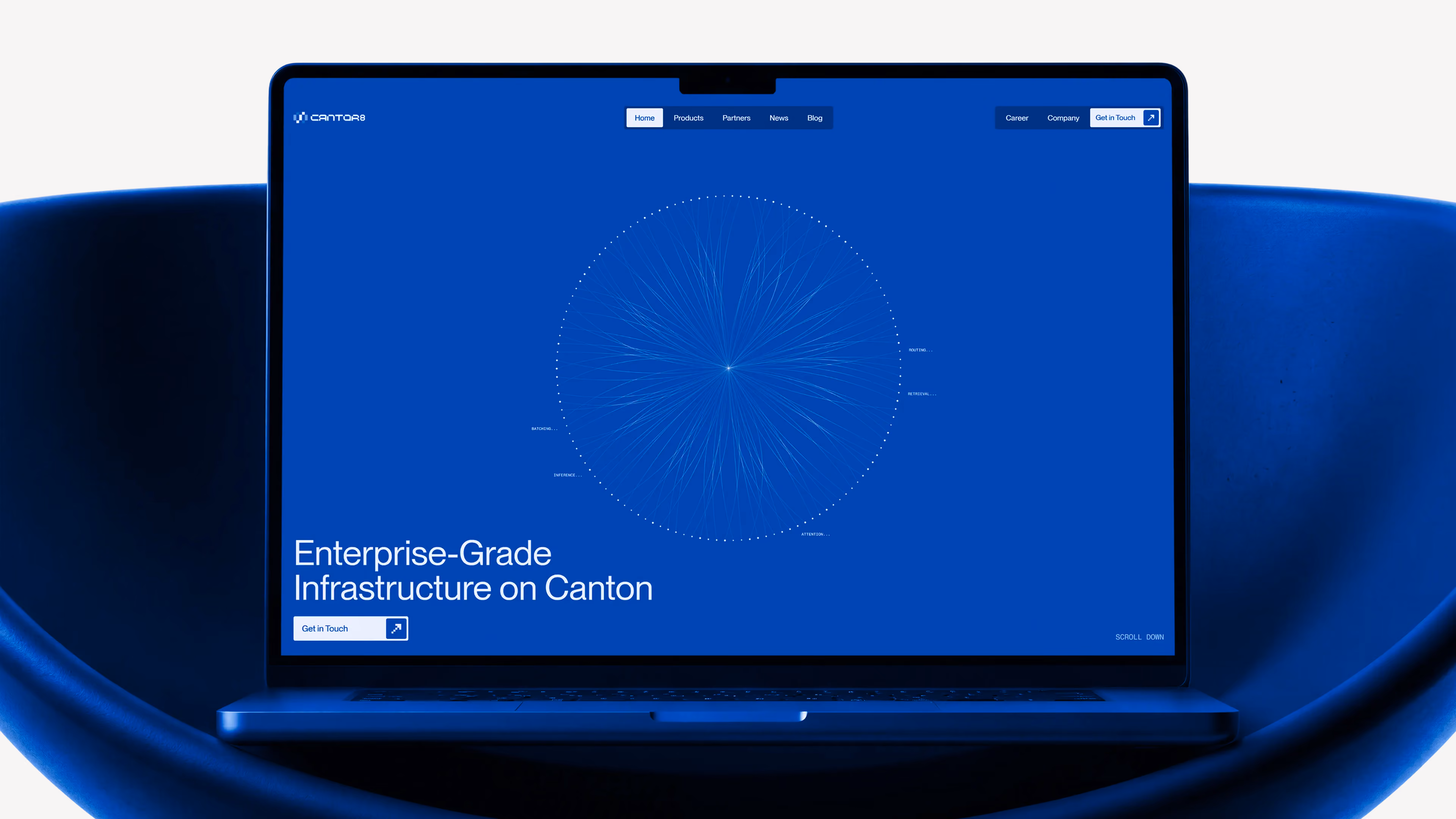 Laptop on blue chair showing Cantor8 site with network diagram and text about enterprise-grade infrastructure.