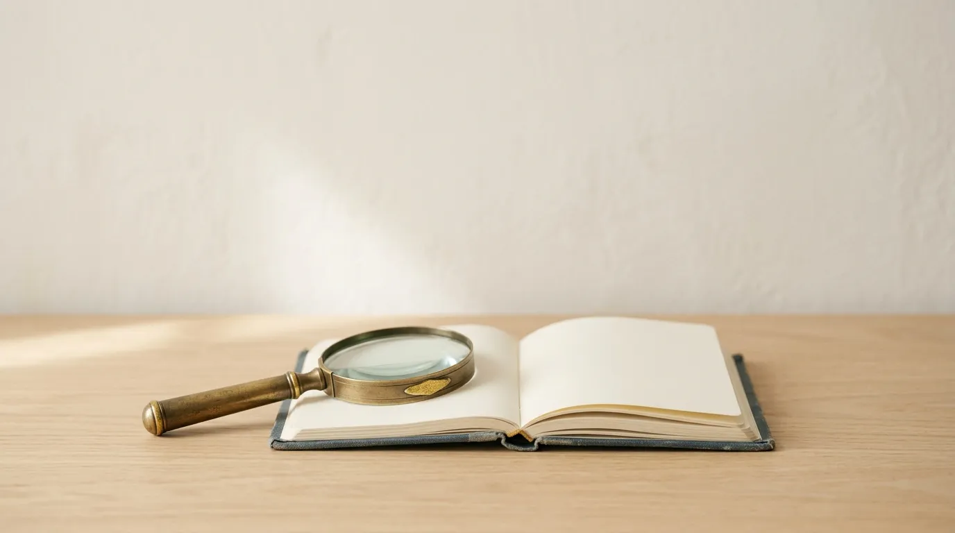 A brass magnifying glass resting on an open book with blank pages.