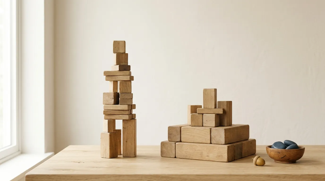 Two arrangements of wooden blocks, a tall narrow stack and a low wide base.