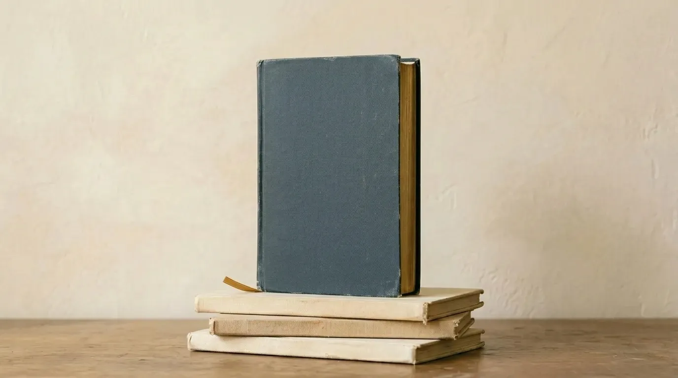 A slate-blue clothbound book standing on a small stack of worn vintage books.