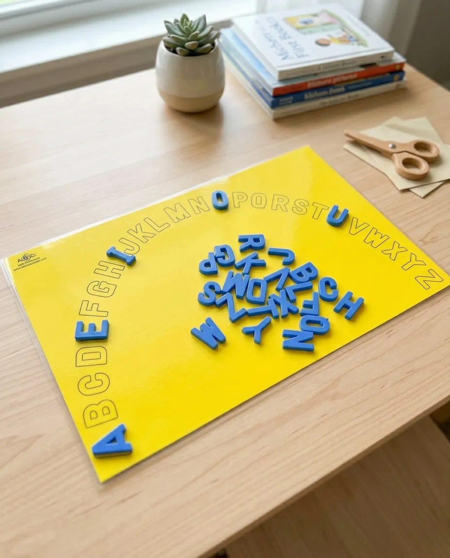 A yellow alphabet arc mat on a light maple table by a window, blue letter tiles arranged around the printed arc with a loose pile in the middle, a small plant and a short stack of children's books beyond it.