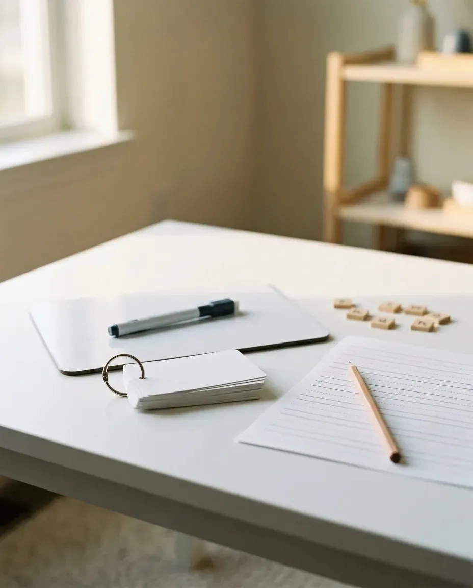 A structured-literacy lesson laid out on a white desk by a window: a dry-erase board and marker, a ring-bound deck of cards, wooden letter tiles, and lined handwriting paper with a pencil.