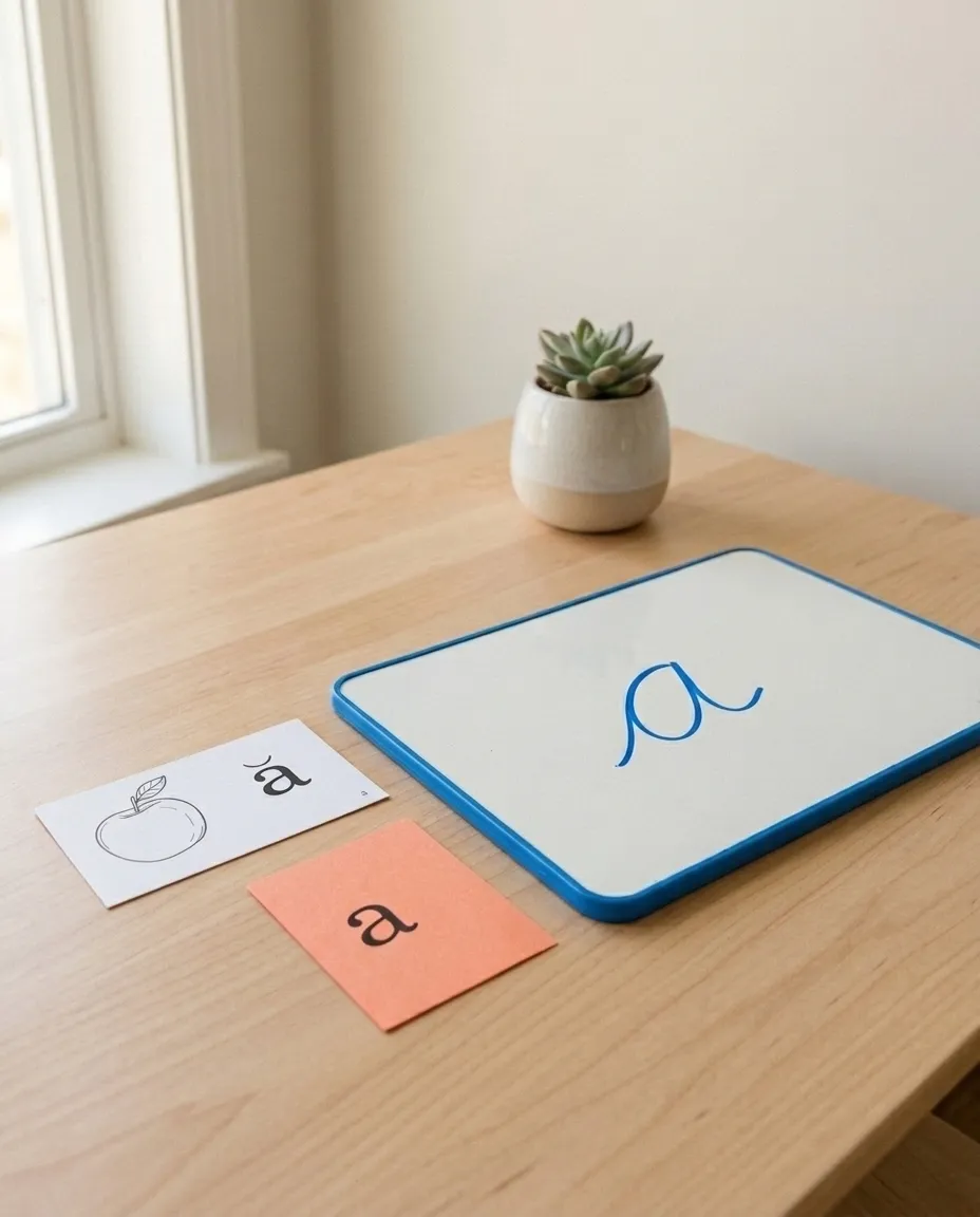 A structured-literacy drill on a maple table: an apple keyword card, a printed letter card, and a small dry-erase board where the letter a has been formed by hand.