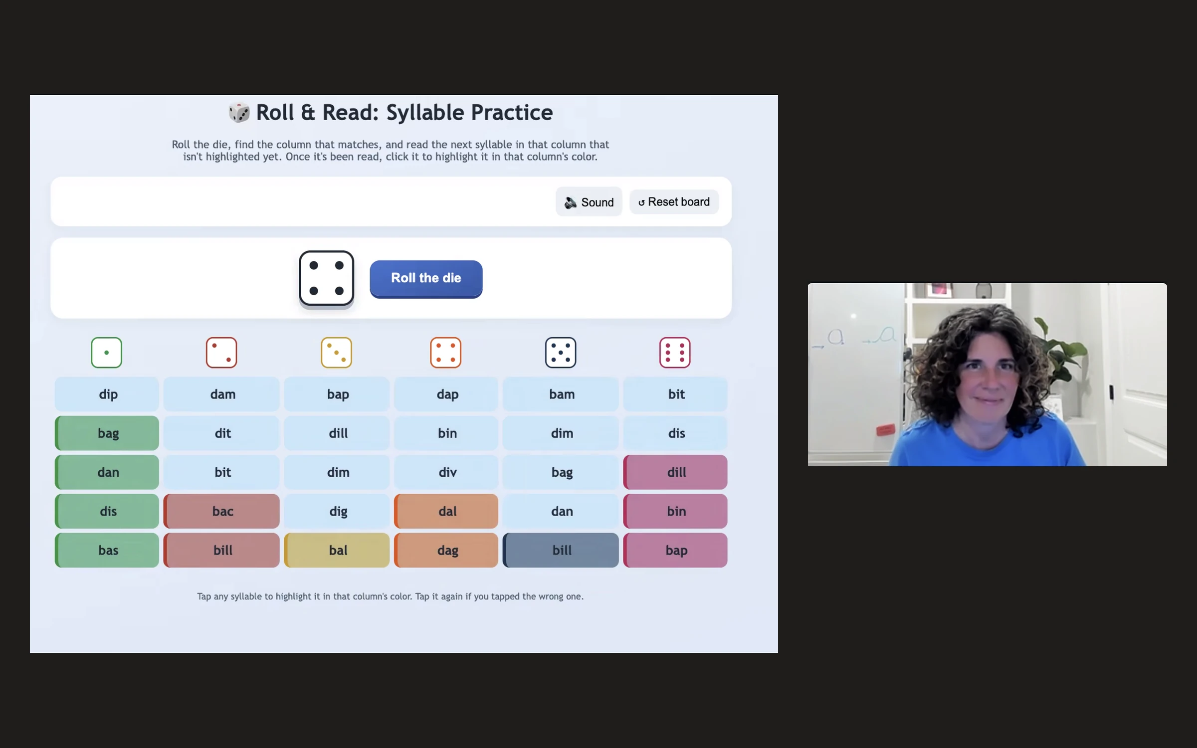 A virtual session with a roll-and-read syllable board on screen and Elizabeth on camera