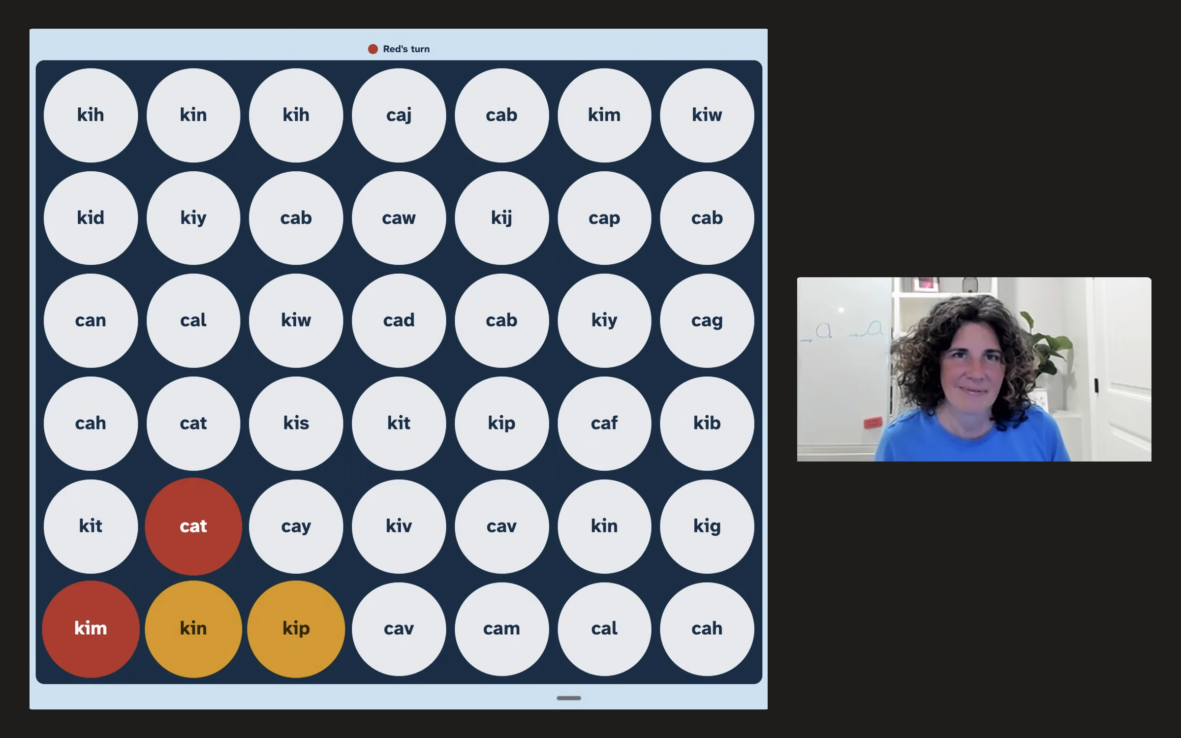 A virtual session with a syllable connect-four game on screen and Elizabeth on camera