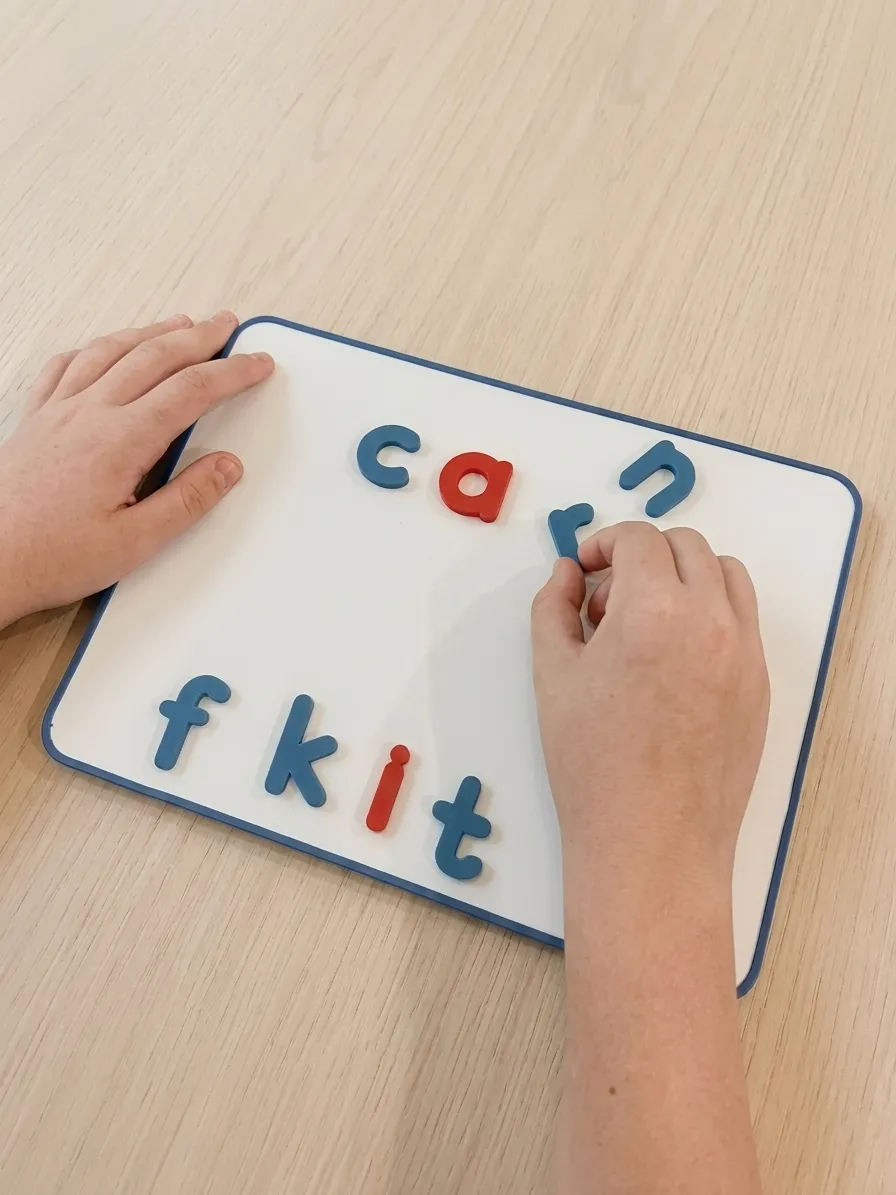 A child's hands placing magnetic letters on a small whiteboard, building the word can.