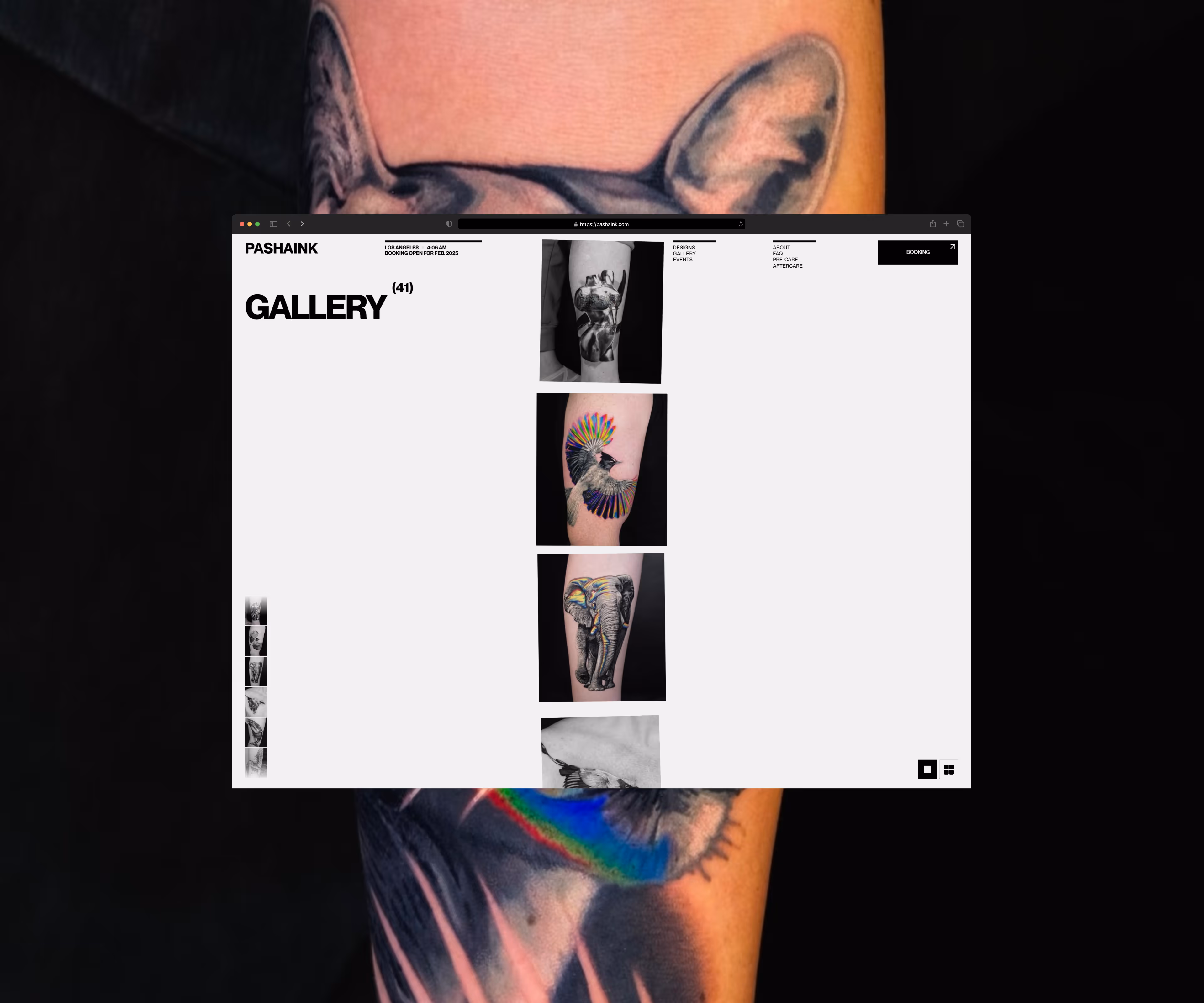 A portfolio for a tattoo artist known for blending organic forms, iridescent colors, and glitch-inspired aesthetics into a distinctive visual language. The project draws from the same contrasts found in the artwork itself—fluid yet digital, futuristic yet imperfect—creating an experience that feels closer to a contemporary art portfolio than a traditional tattoo website.