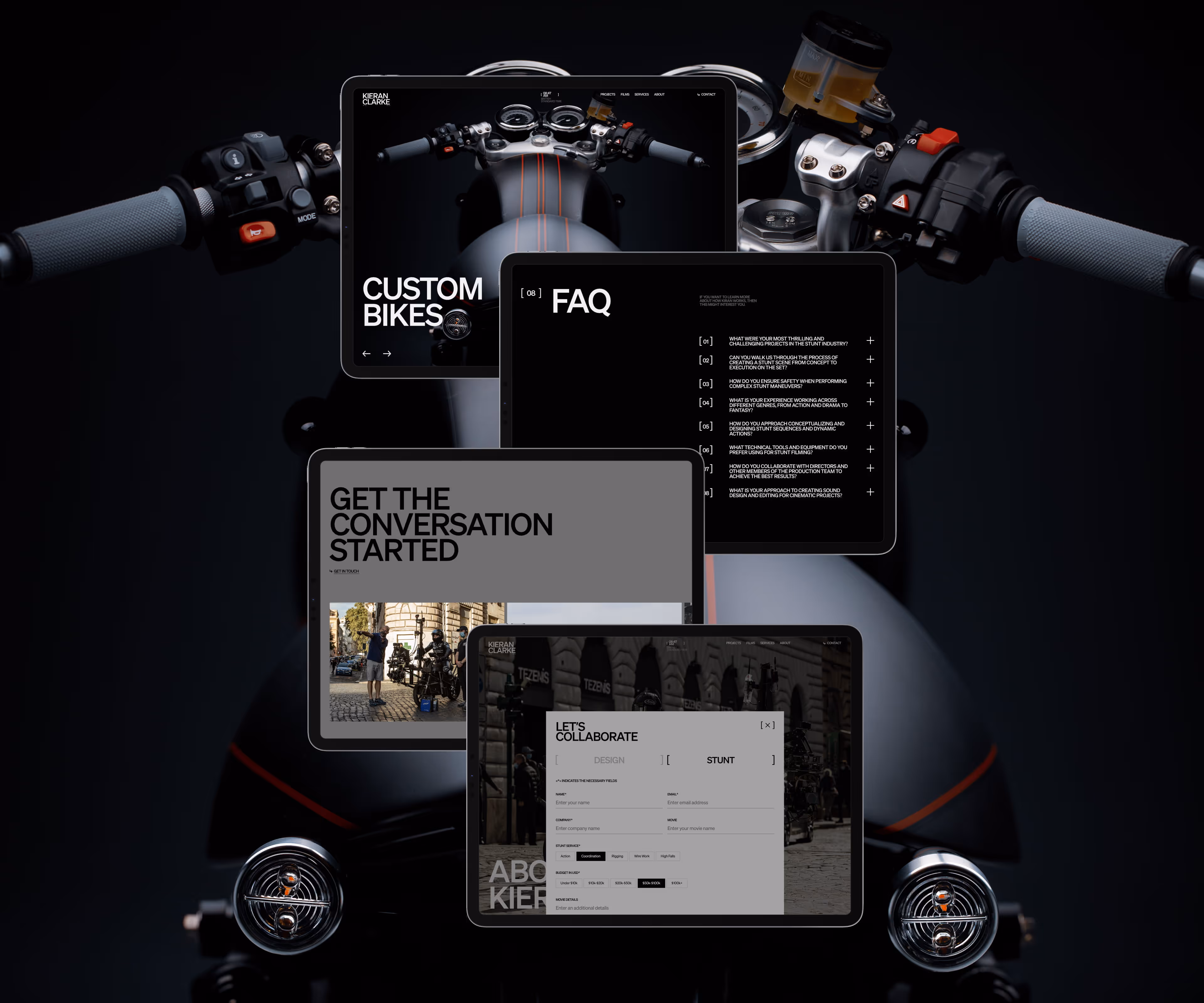 A digital showcase for a world championship motorcycle racer turned stunt performer and vehicle designer whose work has contributed to some of Hollywood’s most ambitious productions. Known for developing custom camera bikes, pursuit vehicles, and specialized rigs used in high-speed filming, he has collaborated on projects involving some of the industry's biggest names, including Tom Cruise. The experience draws inspiration from the precision, engineering, and innovation behind these machines, presenting a body of work that exists at the intersection of motorsport, filmmaking, and technical craftsmanship.