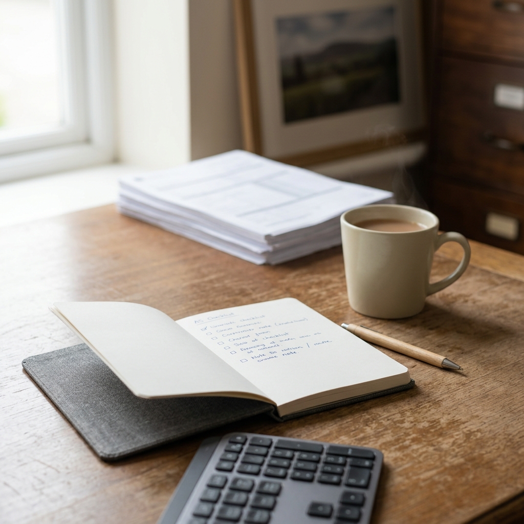 Funeral home office desk with an anonymised checklist and keyboard representing safe AI-assisted admin.