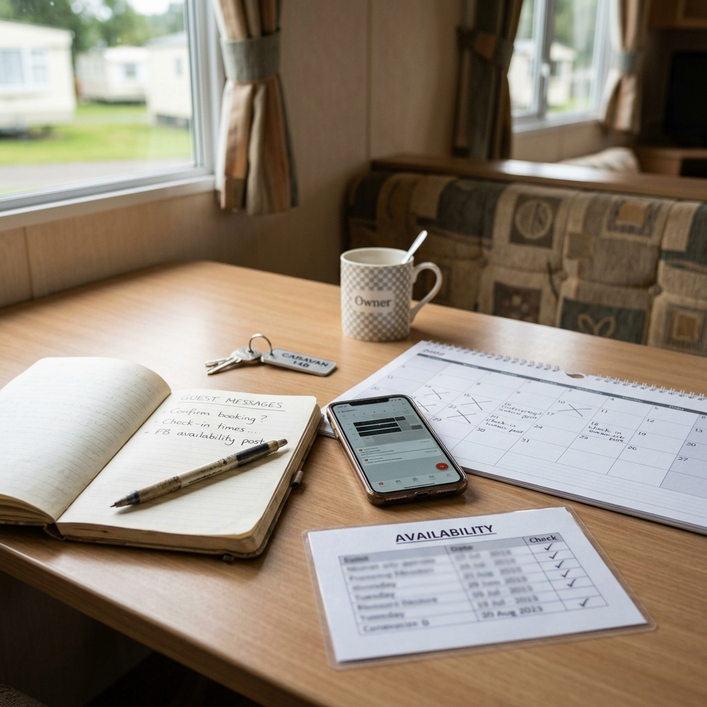 Static caravan owner drafting guest messages and Facebook availability notes with a calendar and phone.