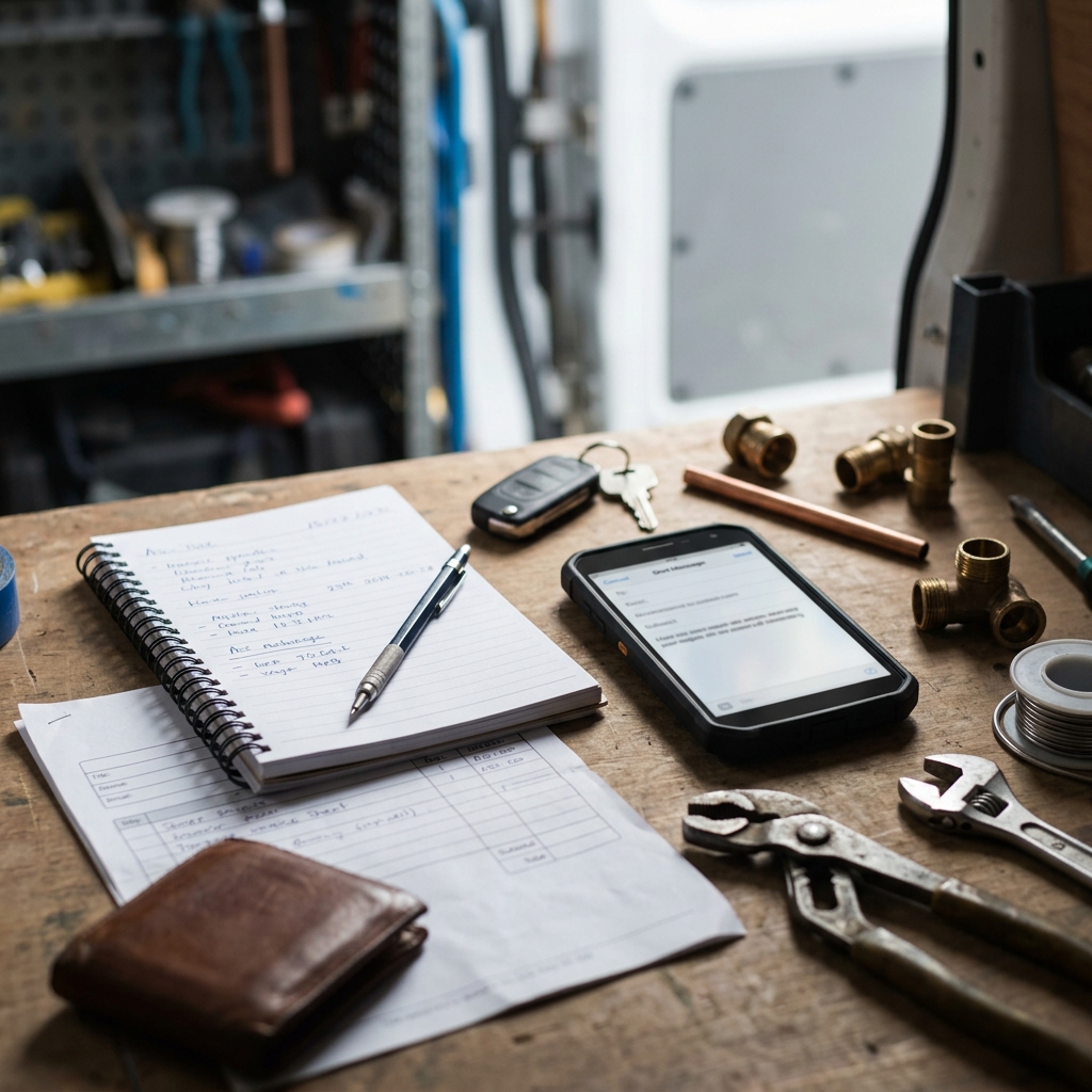 Phone with draft customer messages beside plumbing tools, job notes and an invoice for a UK plumbing and heating business