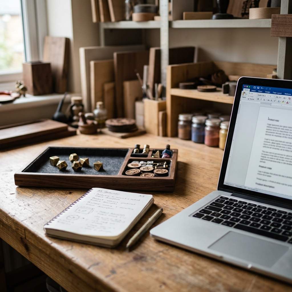 Maker-retailer workspace with tabletop accessories, engraved gifts, product notes and a laptop for drafting product copy