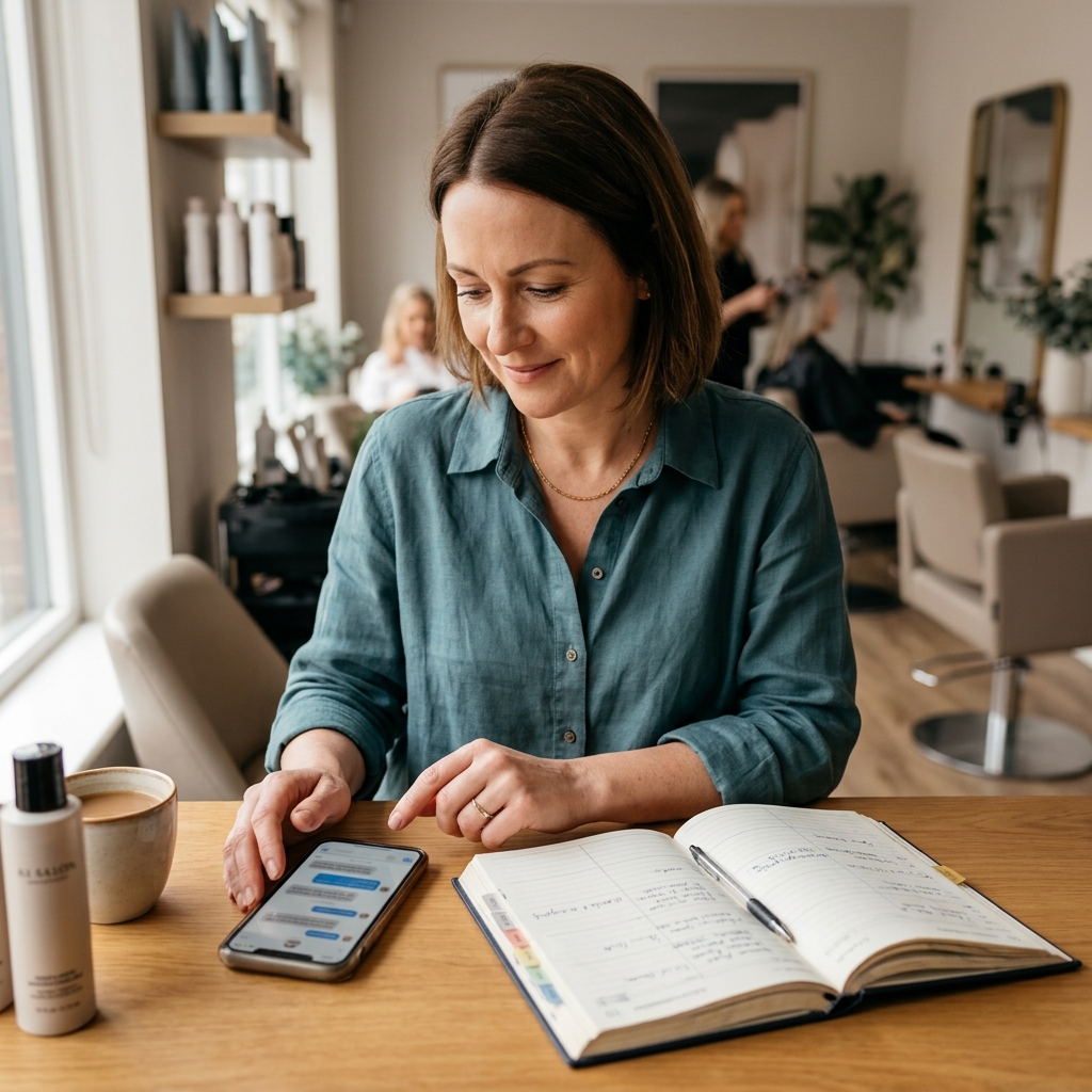 Independent UK salon owner reviewing client messages and planning a simple first AI drafting task