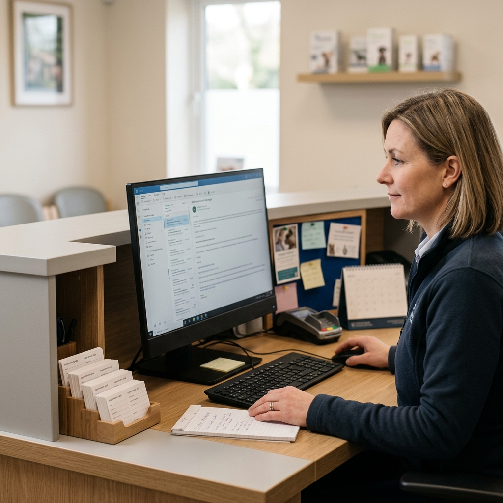 Veterinary practice manager reviewing appointment reminders and client messages at a UK clinic reception desk