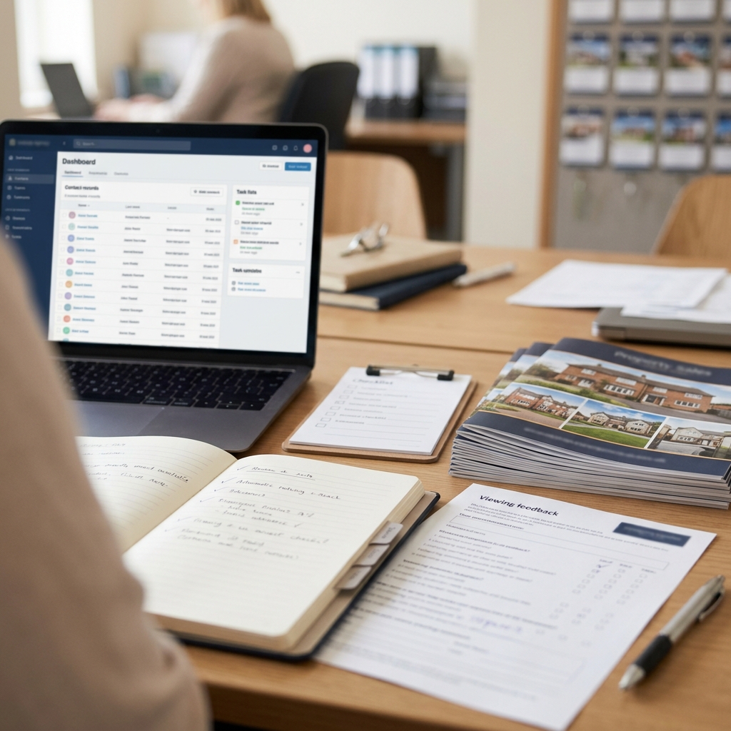 Estate agency sales administrator organising viewing follow-up notes and CRM tasks at a branch desk