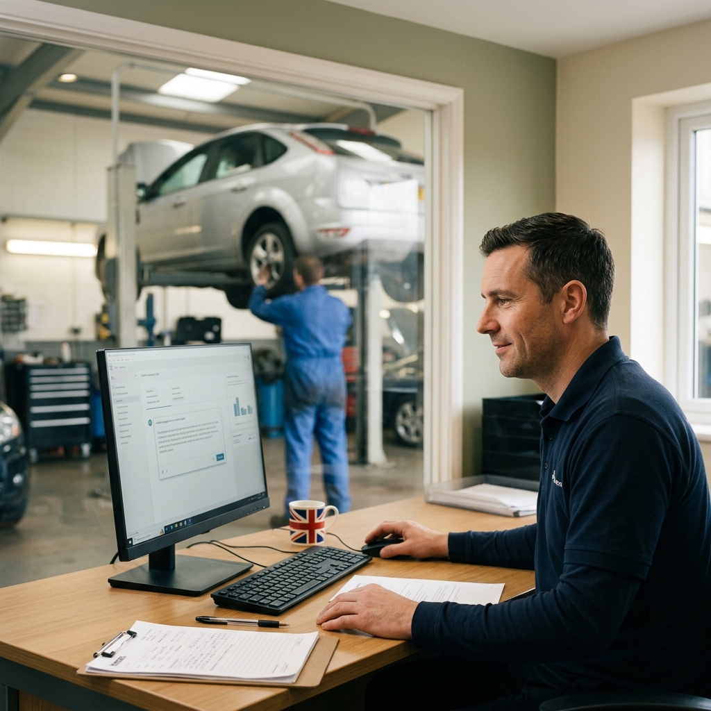 UK garage service advisor reviewing AI-drafted customer update while mechanic judgement remains human-led