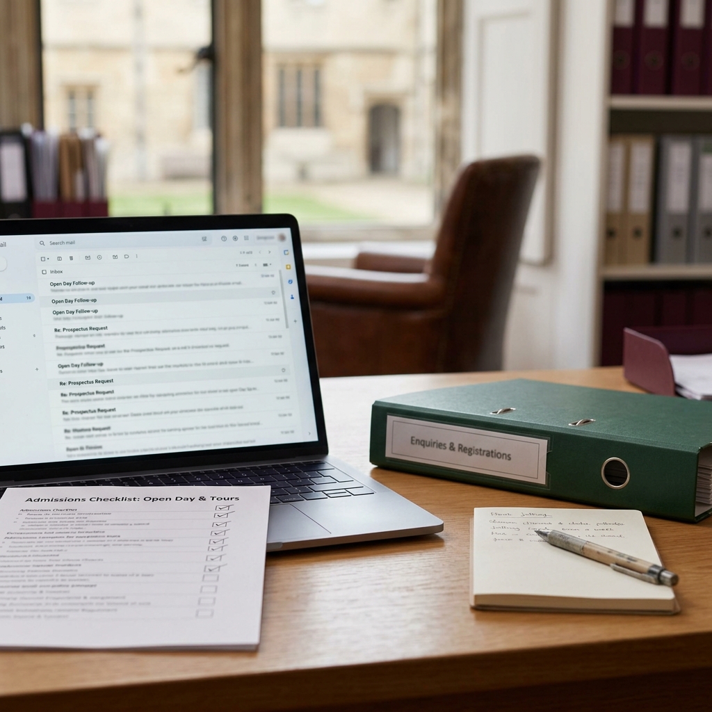 Admissions office desk with email draft, open day checklist and application reminder notes for choosing a first AI admin task