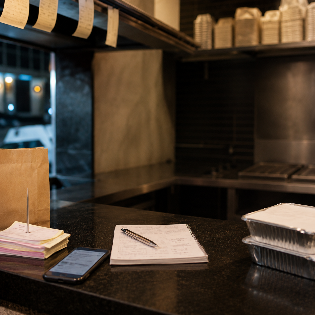 Indian takeaway owner reviewing after-service message drafts on a phone after closing