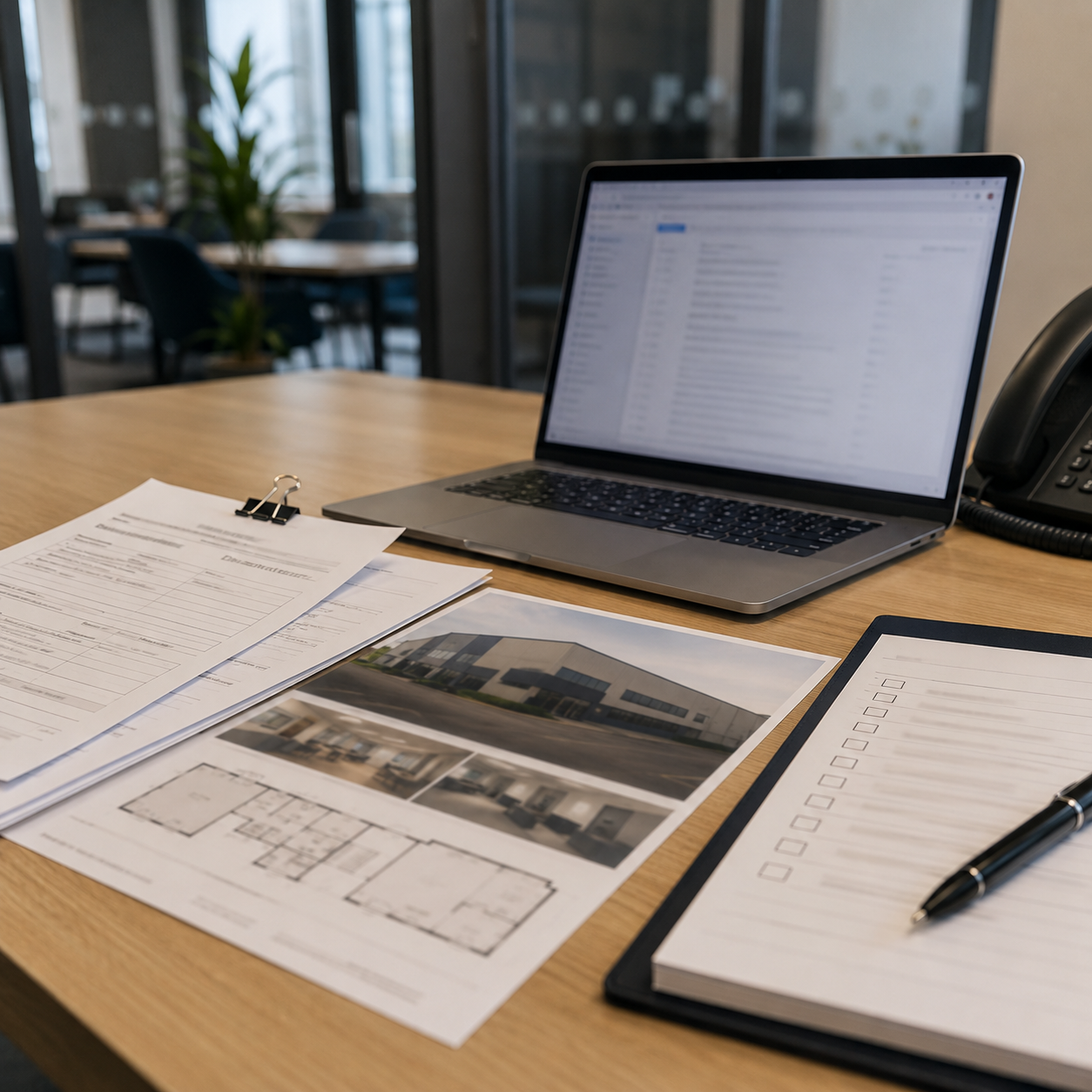 Commercial property administrator reviewing viewing notes, an AI-assisted draft email and a fact-check checklist on a desk.