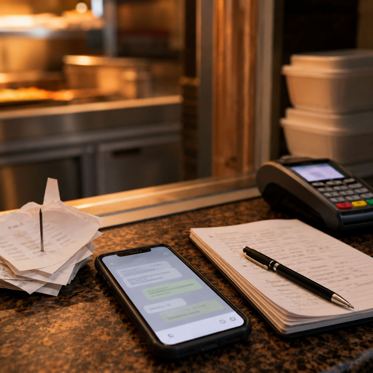 Indian takeaway owner reviewing after-service message drafts on a phone after closing