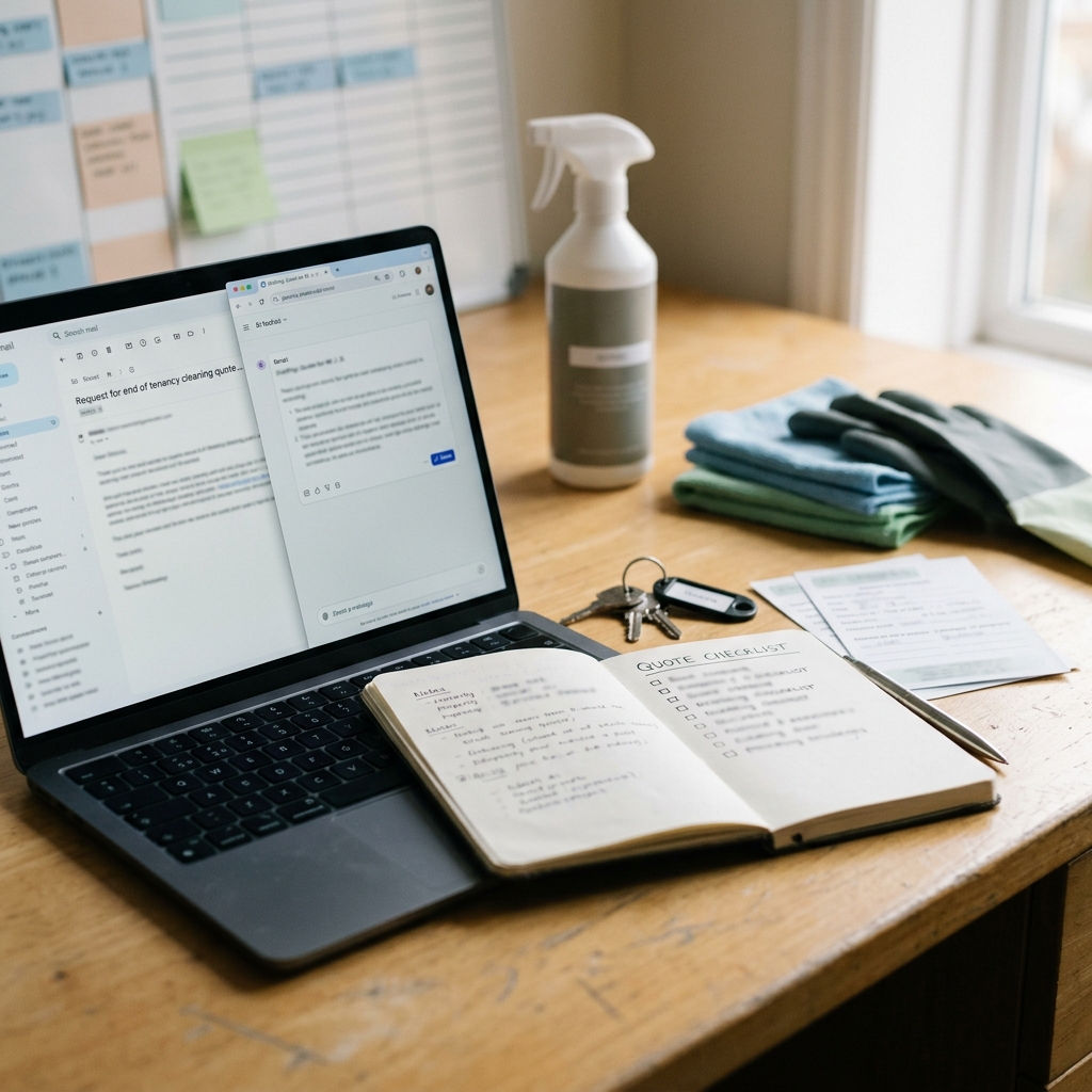 Cleaning company owner reviewing a quote enquiry checklist before replying to a client