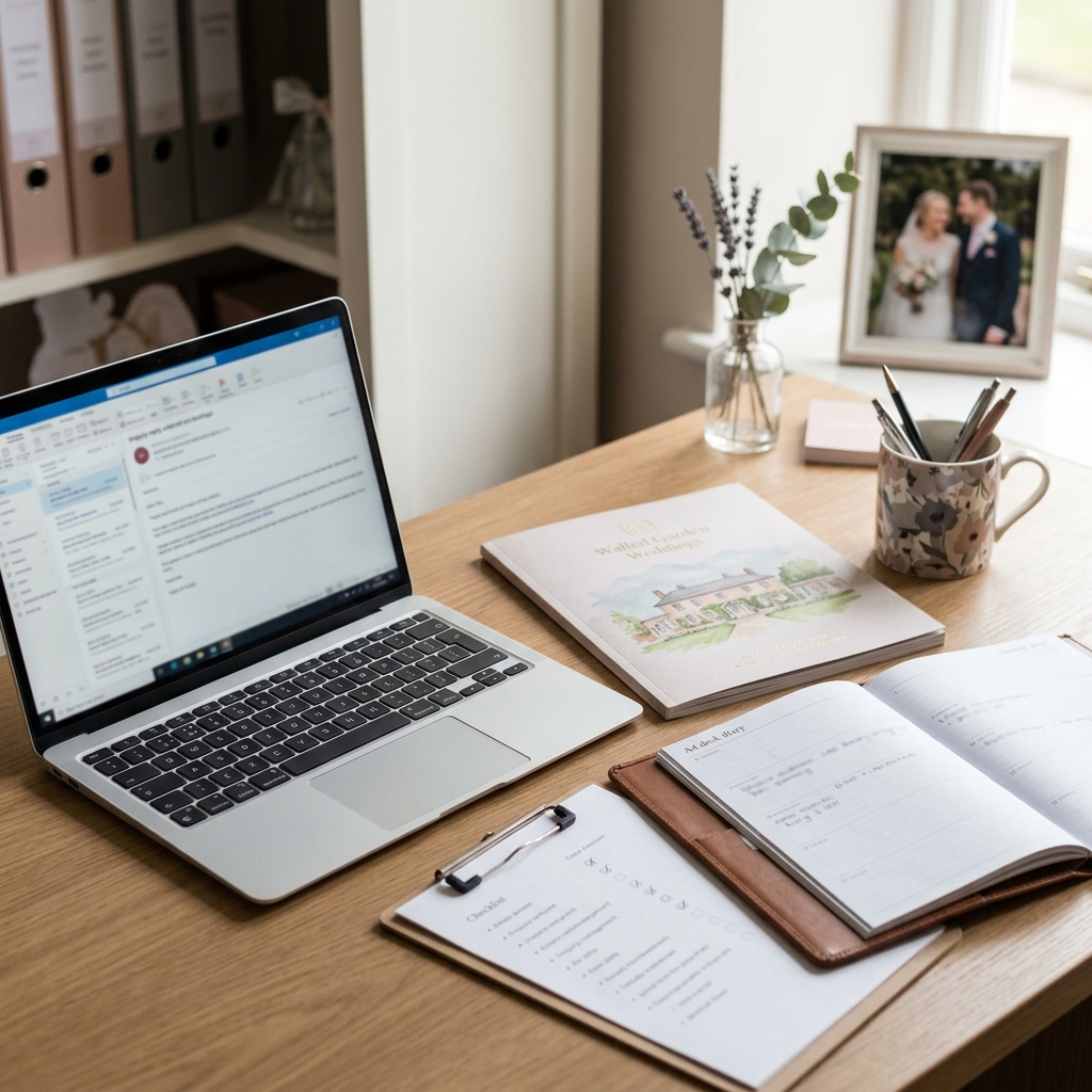 Wedding venue coordinator reviewing an enquiry email draft with a brochure and checklist