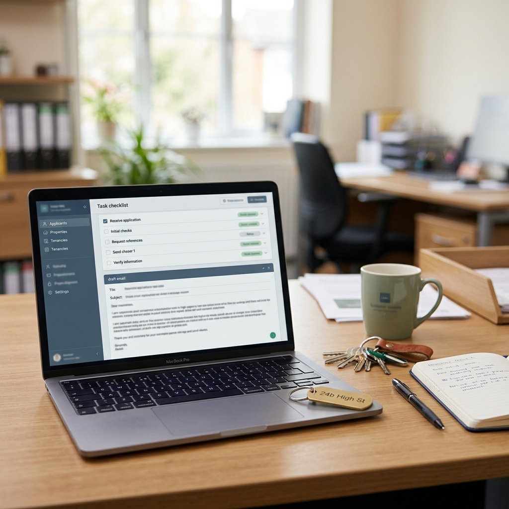 Lettings administrator reviewing a polite referencing chaser draft and checklist on a laptop